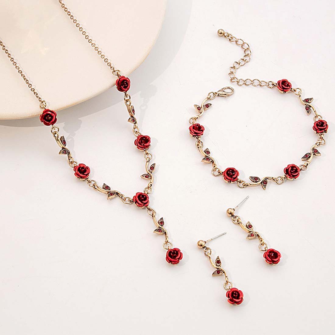 FIDDY Charm-Kette Rotes Retro-Rosen-Ohrring-Armband-Halsketten-Set (3-tlg), Halskette aus rotem Roségold, für Damen, bezaubernd, tolles Geschenk