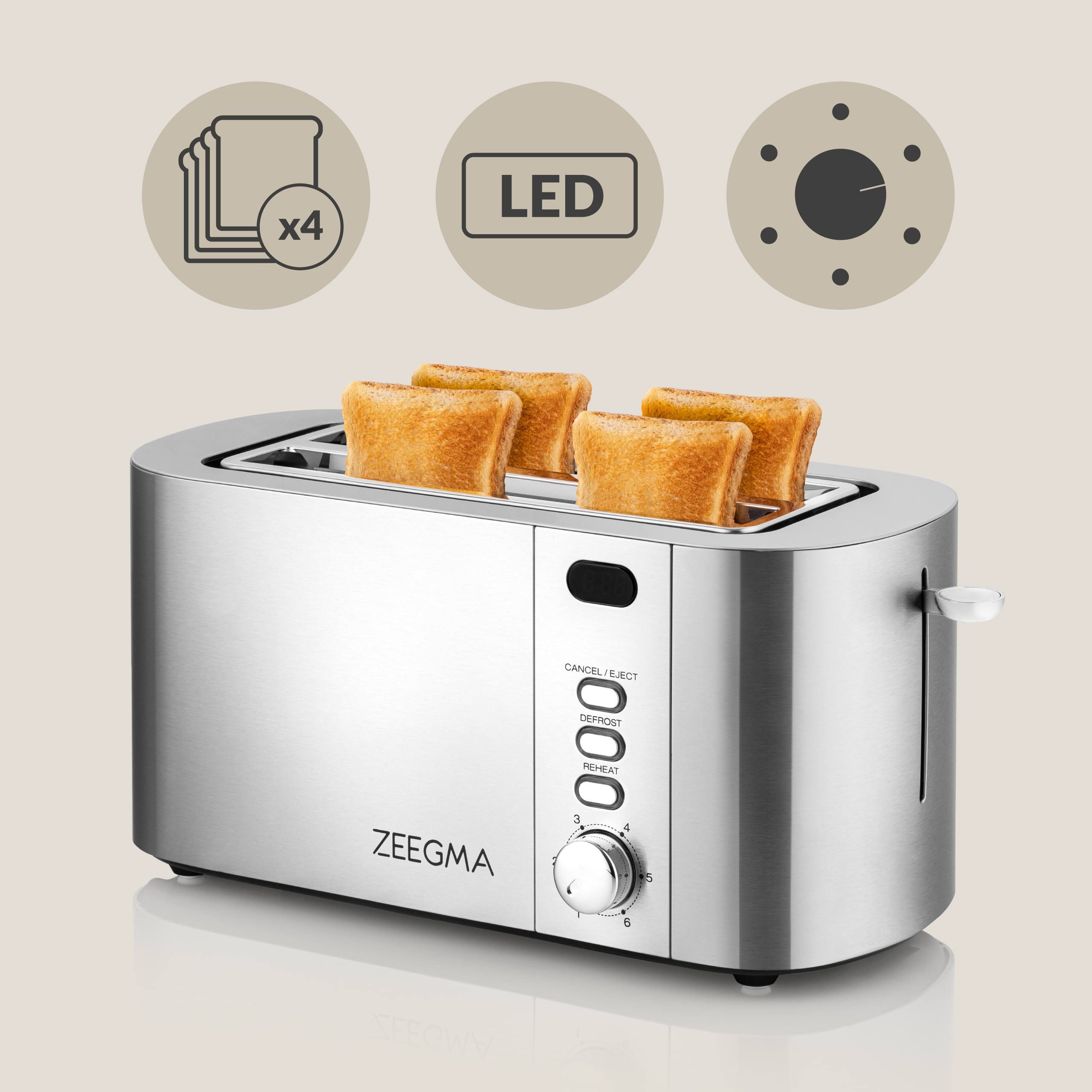 Zeegma Toaster TOSTEE CHEF, 4 kurze Schlitze, für 4 Brotscheiben unterschiedlicher Dicke, 1500 W, 4 Scheiben/LED-Display/1500 W/Breite Schlitze/Timer
