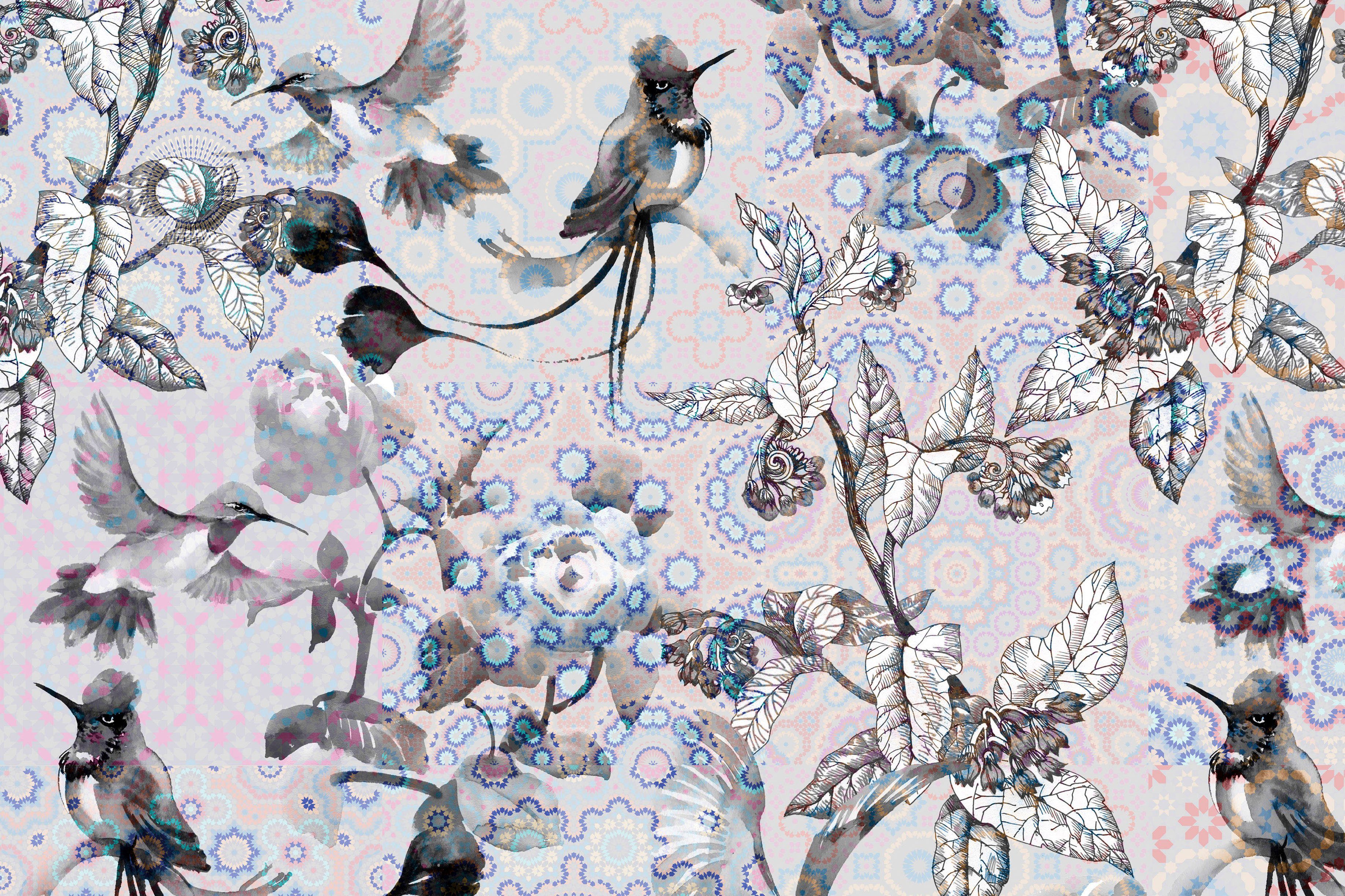 Vögel exotic Création Vögel (1 3, Blumen Bild Leinwandbild mosaic A.S. Keilrahmen St), Mosaik Floral
