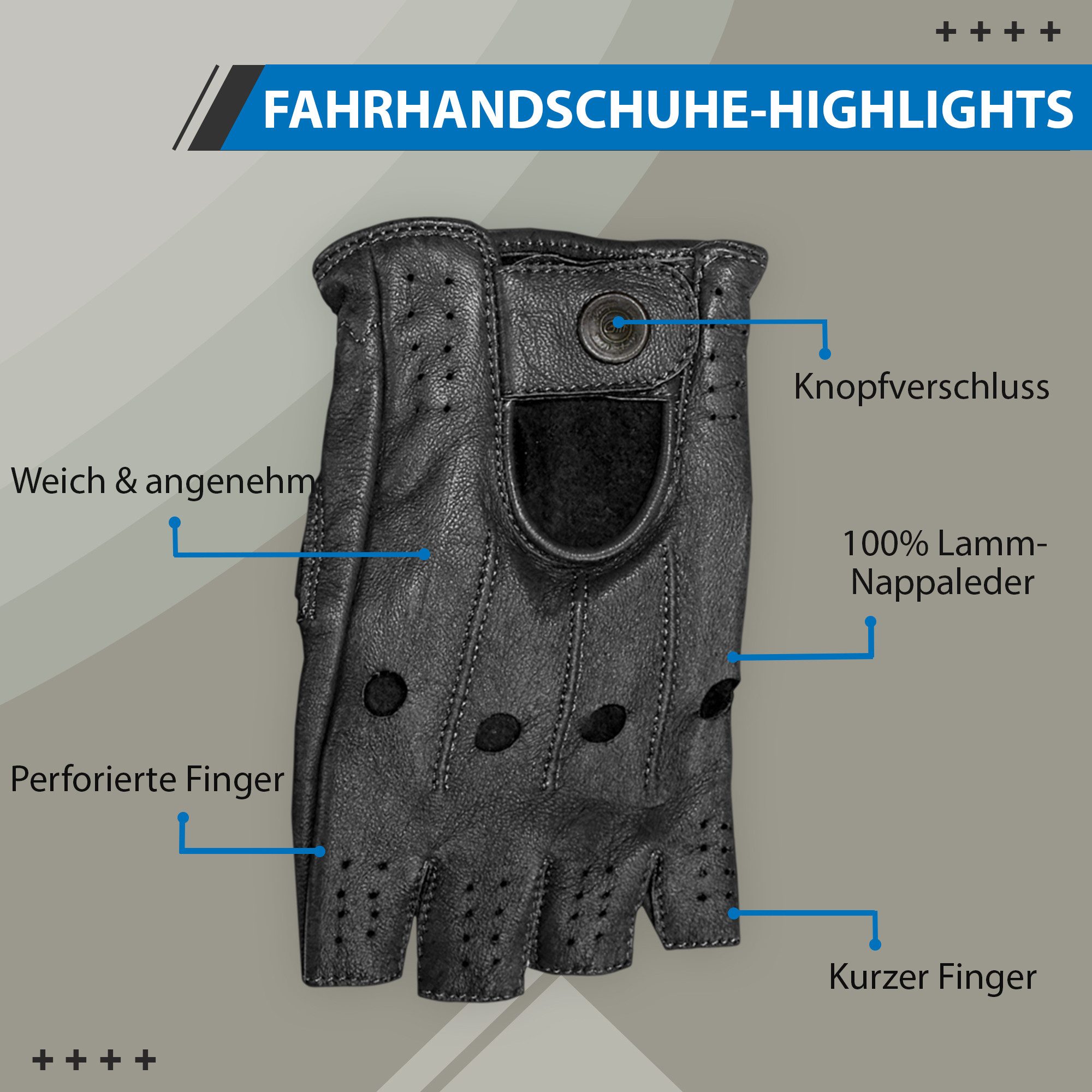 German Wear Lederhandschuhe Driving-GL3 Driving Halbfinger Fingerlose Autofahrer Lederhandschuhe echtleder