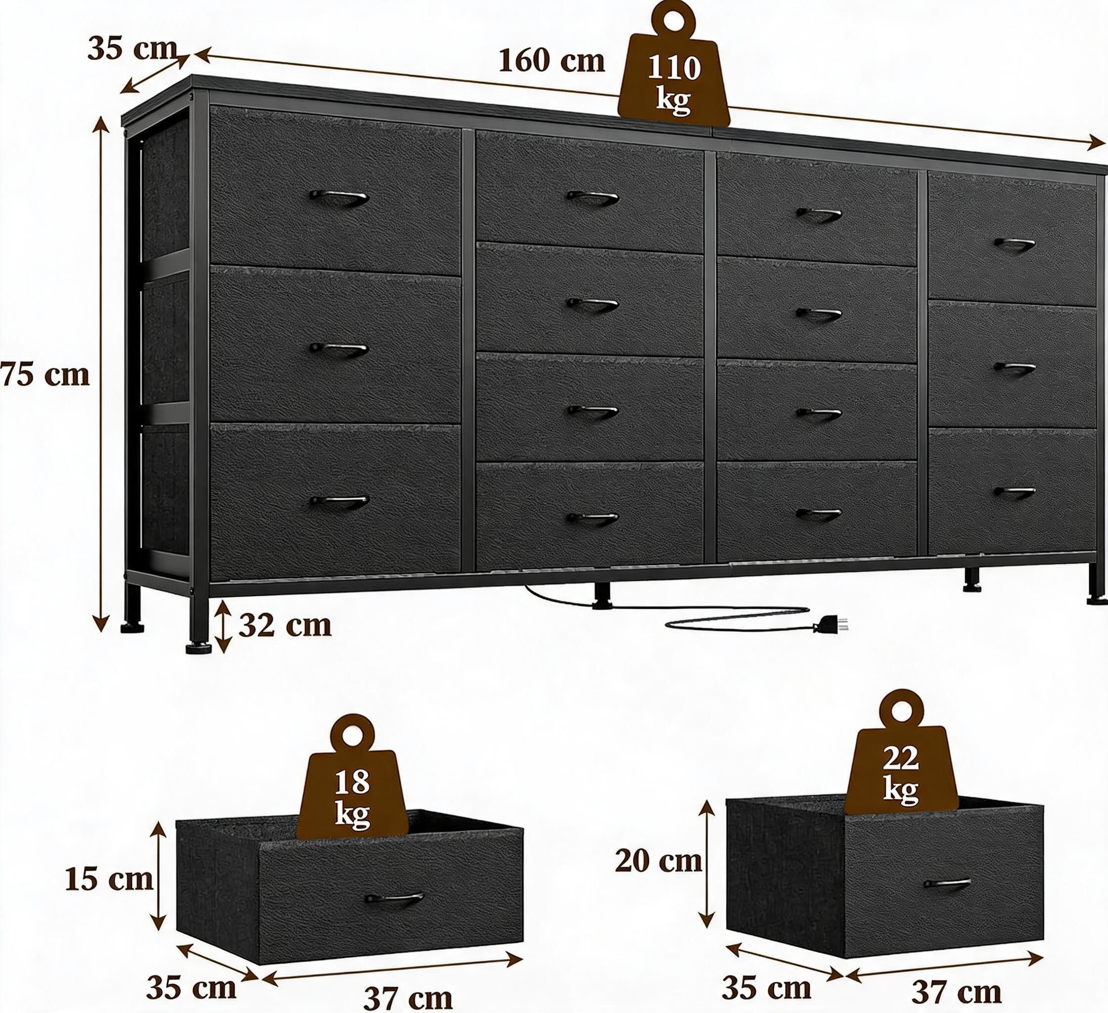 GarveeMore TV-Bank 160cm TV-Schrank mit 14 Schubladen, Steckdosen Holzmaserung