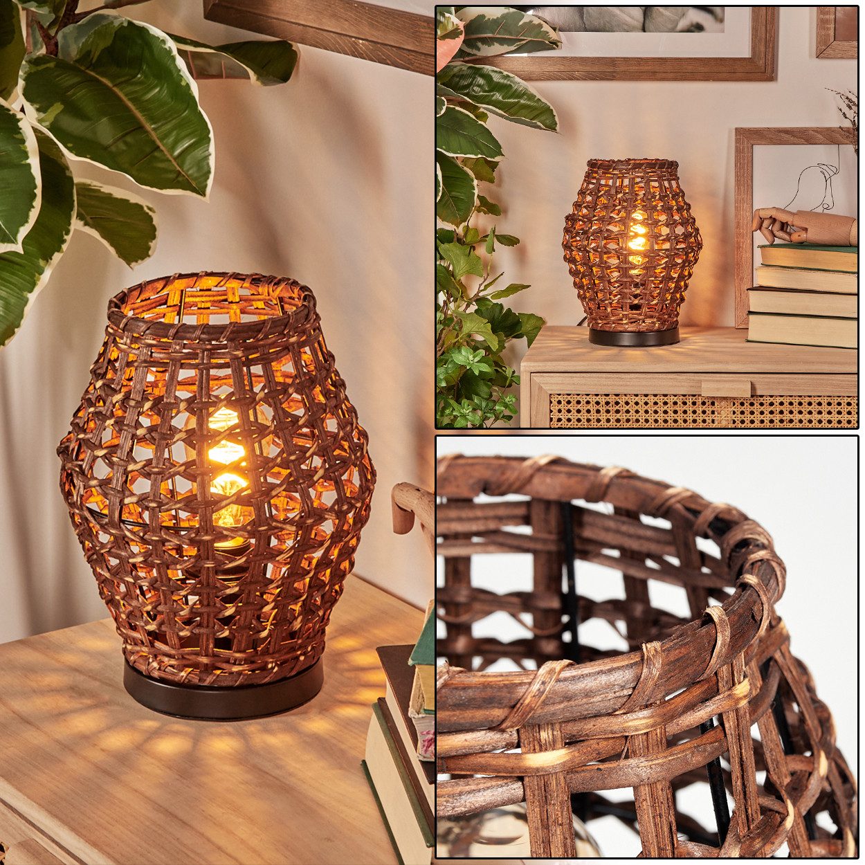 Tischleuchte Tischlampe aus Metall/Rattan in Schwarz/Braun im Vintage/Boho-Design