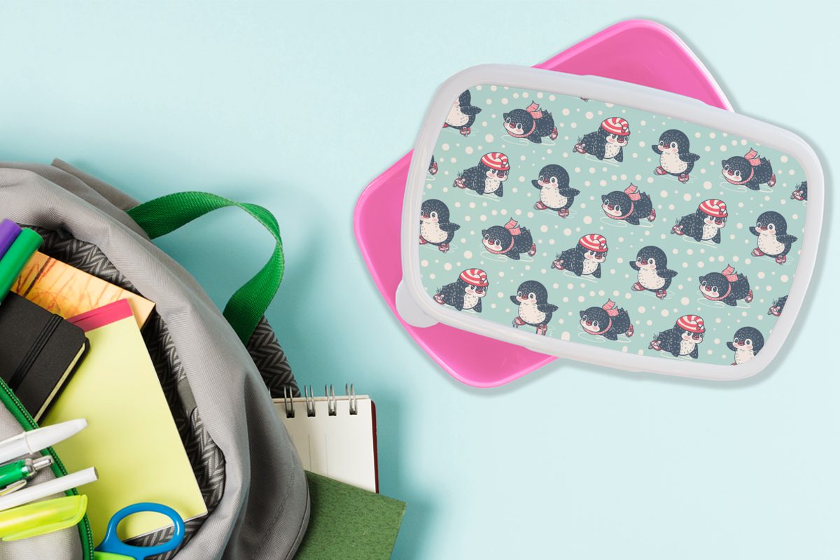 MuchoWow Lunchbox Pinguin - - Mütze Kinder, - Kunststoff, Schlittschuhe rosa Erwachsene, Brotdose (2-tlg), Kinder Kunststoff - Muster, für Brotbox Snackbox, Mädchen