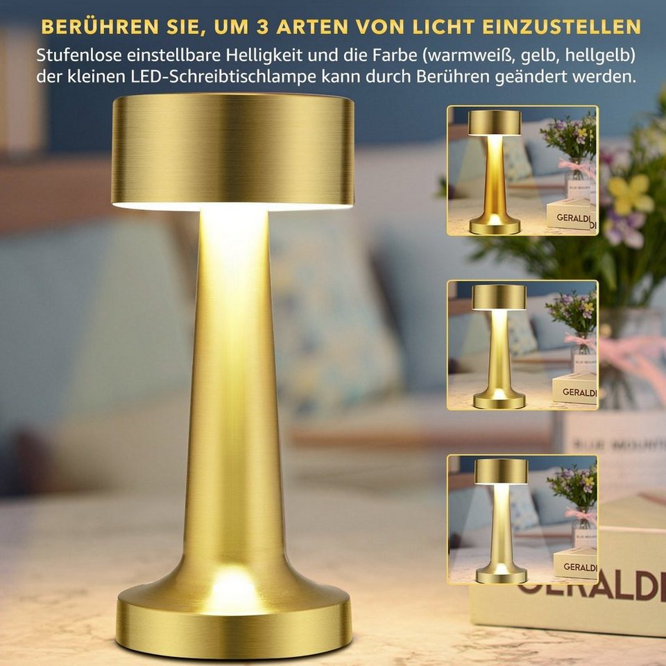 LETGOSPT LED Tischleuchte LED Tischlampe kabellos Akku Tischleuchte  Touchfunktion Metall Dimmbar, LED fest integriert, Warmweiß, Naturweiß,  Kaltweiß, Tischlampe Kabellos, 3 Lichtfarben, Schreibtischlampe,  Tischleuchte