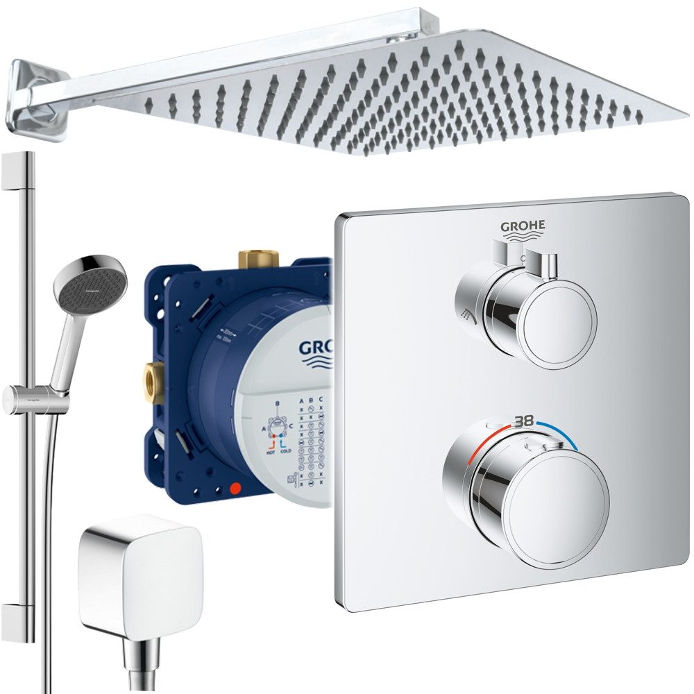 Grohe und Jowi Duscharmatur Grohtherm Grohtherm Duschsystem, mit Hansgrohe Brausegarnitur 650mm (Unterputz-Duschsystem, mit 650mm Brausestange) Thermostat