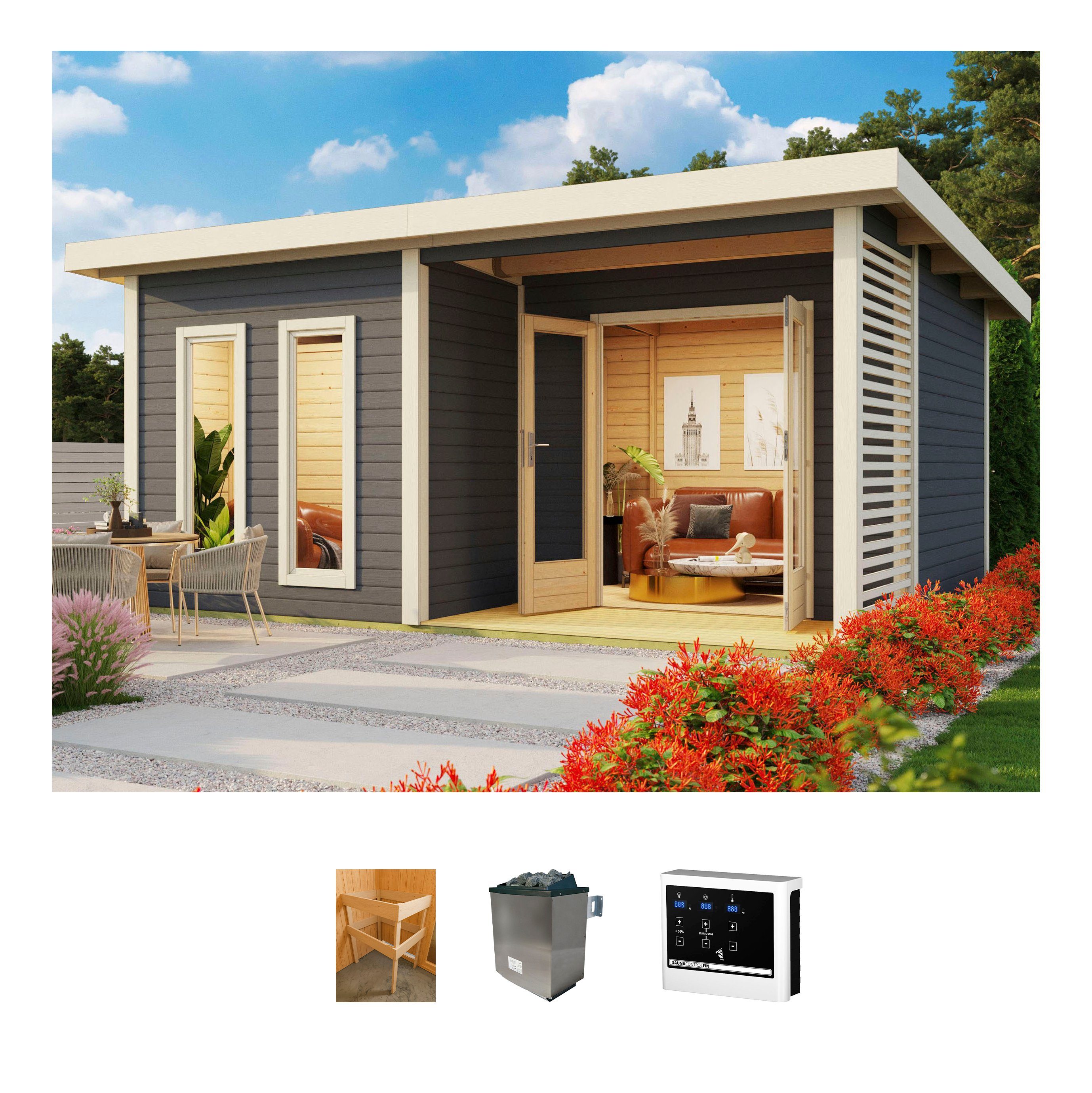 KONIFERA Saunahaus Maiko 5 SET A, BxTxH: 369 x 369 x 229,5 cm, 38 mm, terragrau, mit Ofen 9 kW ext. Steuerung