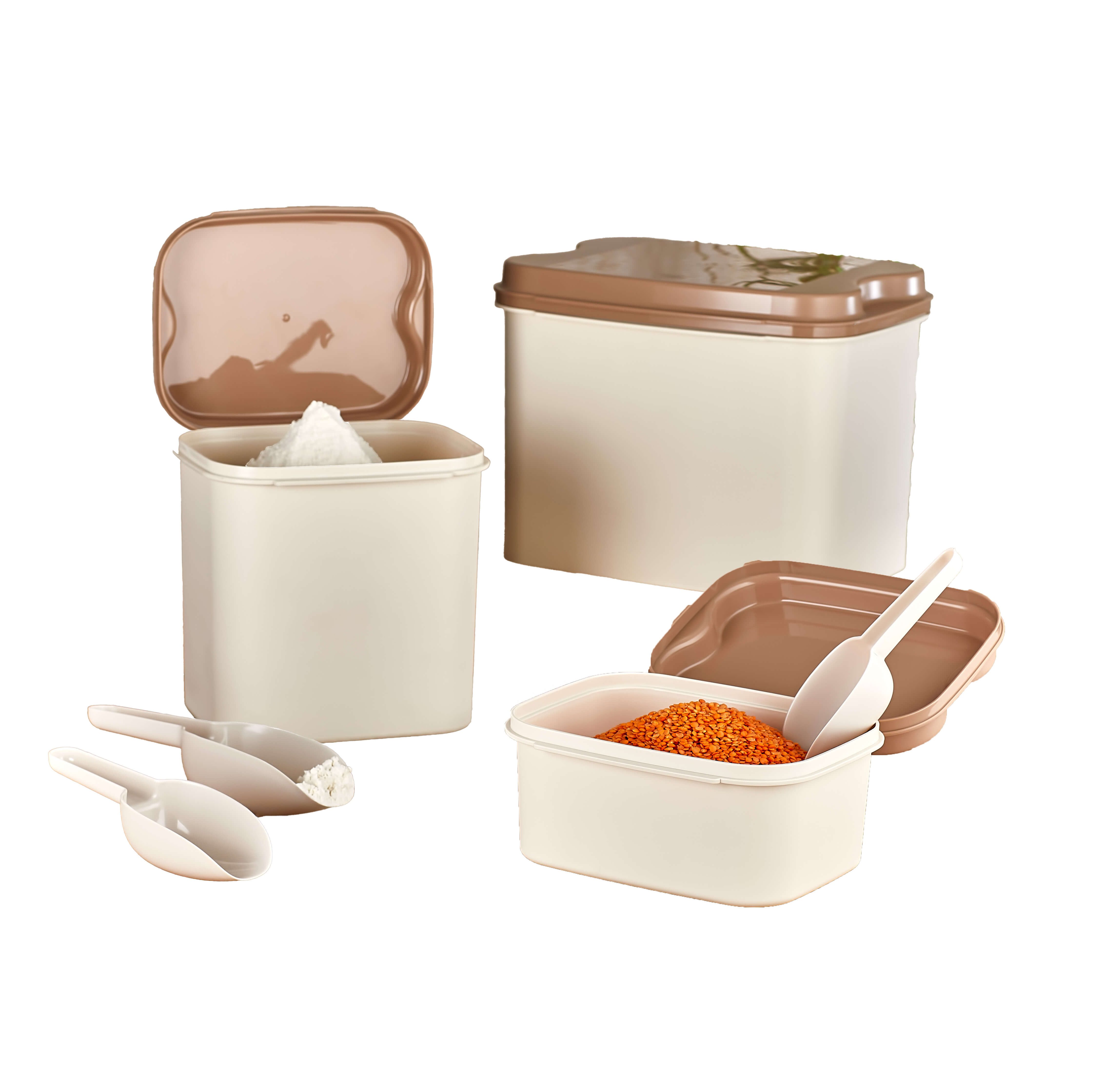Vip Ahmet Vorratsdose Vorratsdosen Set, (3er Set, 10 L + 4.5 L + 1.6 L), Beige, Kunststoff, (3-tlg., 1x 10L Behälter, 1x 4,5L Behälter, 1x 1,6L Behälter, inkl. Messlöffel), mit Messlöffel