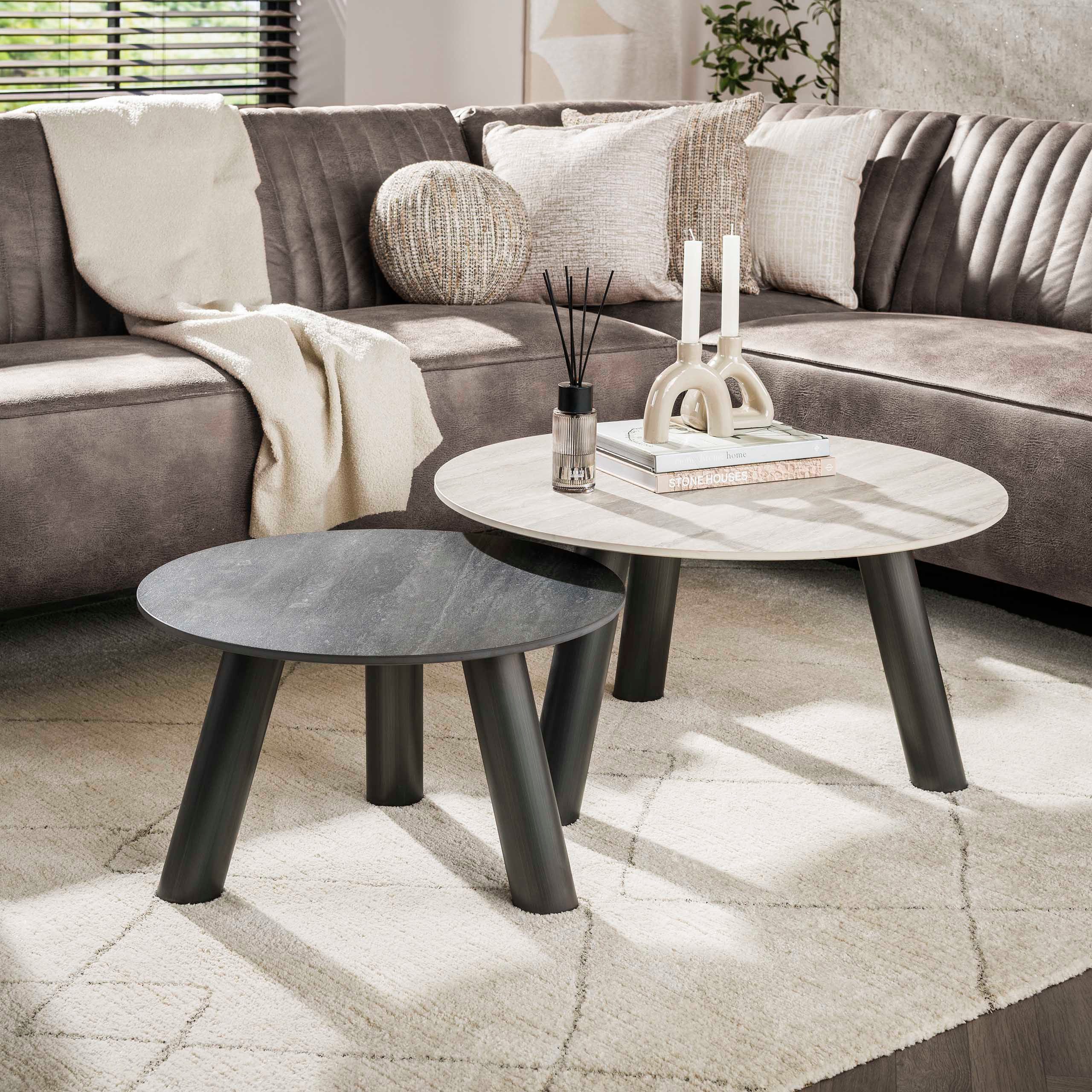 Villa Möbel Couchtisch Twin (1 Tisch, 2-St), Rundes Couchtisch Set mit Keramik Optik in Schwarz Grau