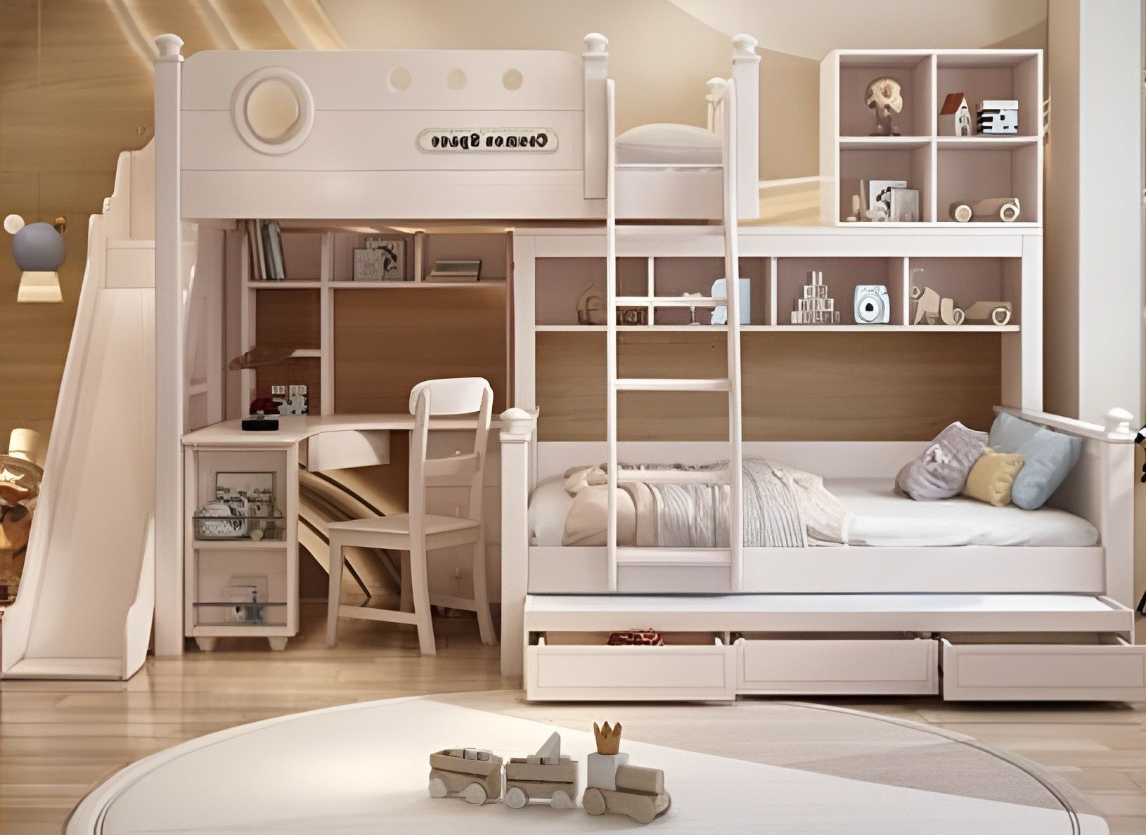 Xlmoebel Etagenbett Holz Doppelstockbett in Weiß mit Rutsche und Schubladen (Etagenbett, 1-St., Etagenbett Weiß), Made in Europa