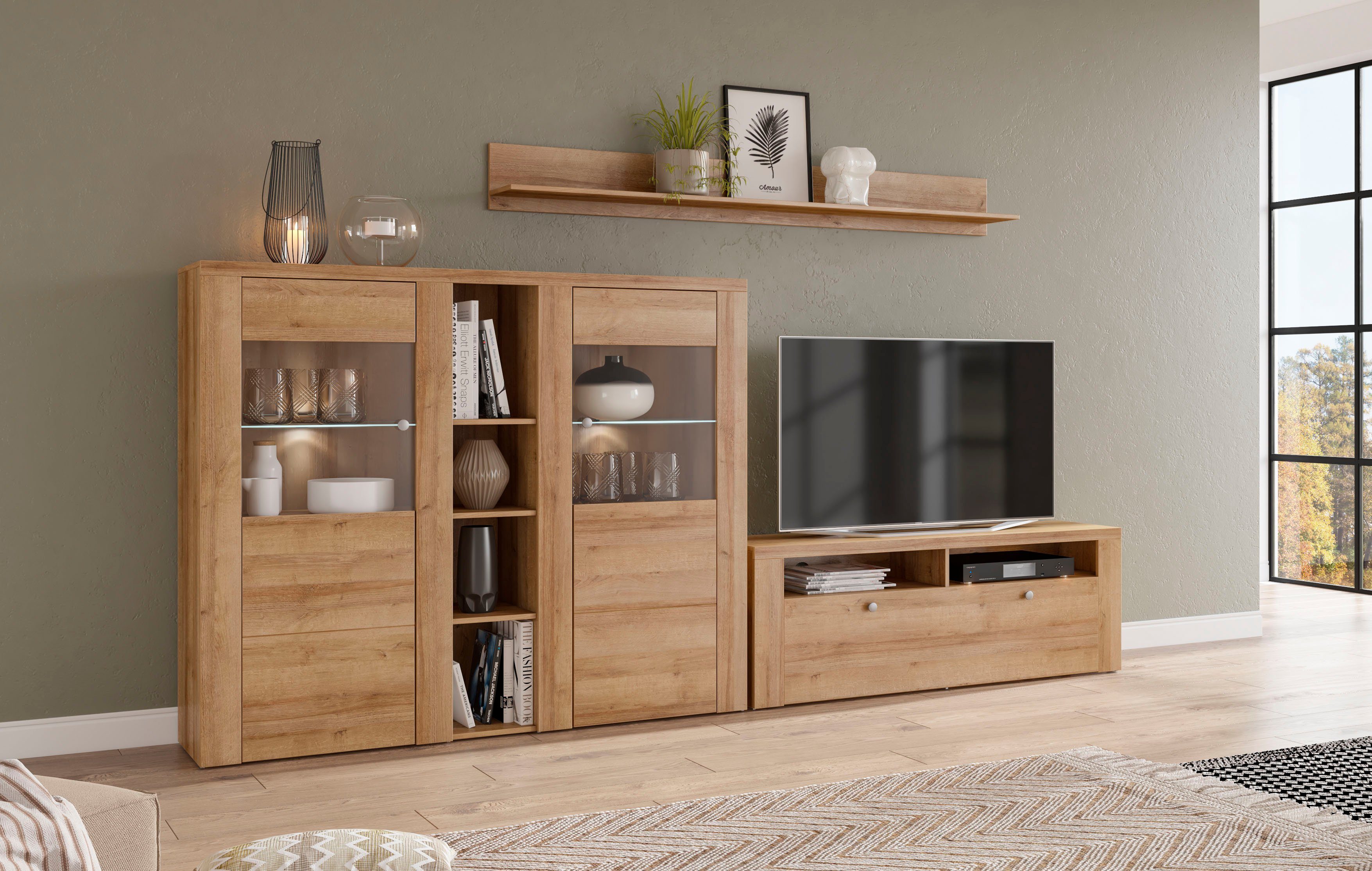 OTTO home Wohnwand Larona, Wohnwand, Set 3 teilig, (3-St), Wohnzimmer Set bestehend aus 1 TV-Board, 1 Highboard,1 Wandregal