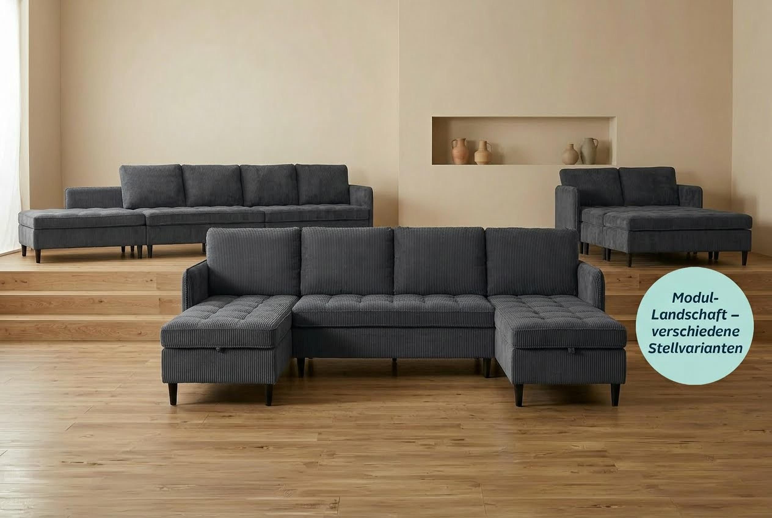 Dorel Home Wohnlandschaft LINDHUS, Cord, Modulsofa, verschiedene Stellvarianten, Breite als U-Form (254cm) mit Verbindern fixierbar, Recamiere,Stauraum