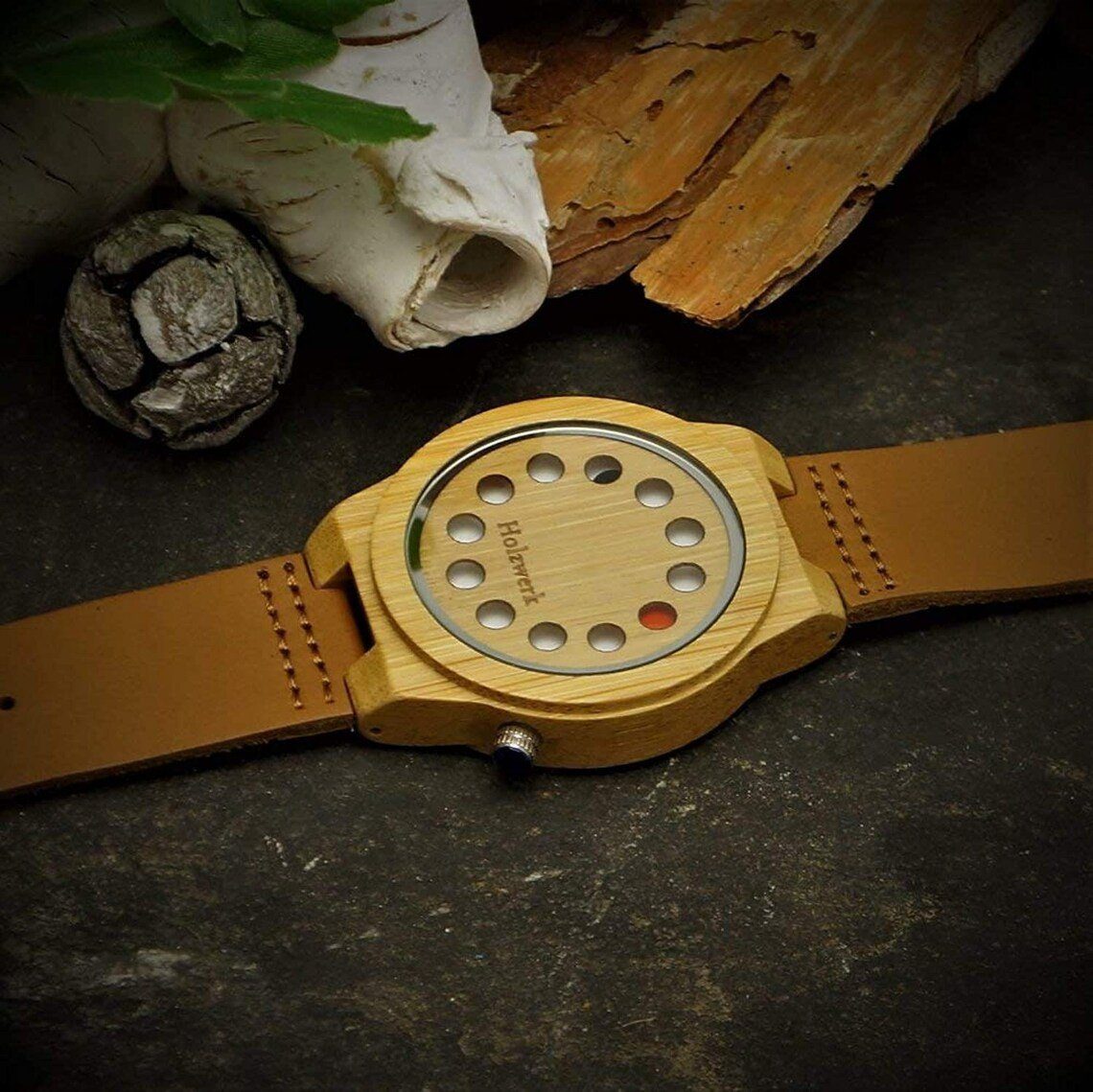 Holzwerk Quarzuhr ESCHWEGE Damen und Herren Holz Uhr mit Leder Armband in beige