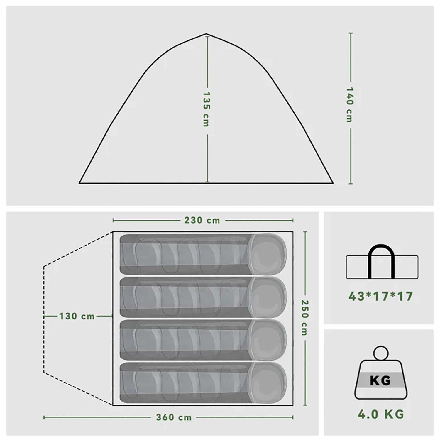 Lumkudos Faltzelt Campingzelt mit Vorraum, Zelte Camping Zelt für 2-4 Person, PU5000, Personen: 4 (1 tlg., Aufbewahrungstasche, Ultraleicht, 360*250*140cm), Zelt für Camping, Reisen, Trekking und Garten, Kuppelzelt