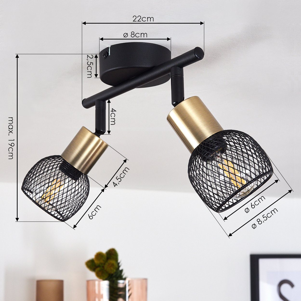 hofstein Deckenleuchte »Pieve« Deckenlampe aus Metall schwarz, gold Zimmerlampe 2-flammig, ohne Leuchtmittel, 2xE14, Leuchtenköpfe sind beliebig schwenkbar – Bild 4 von 5