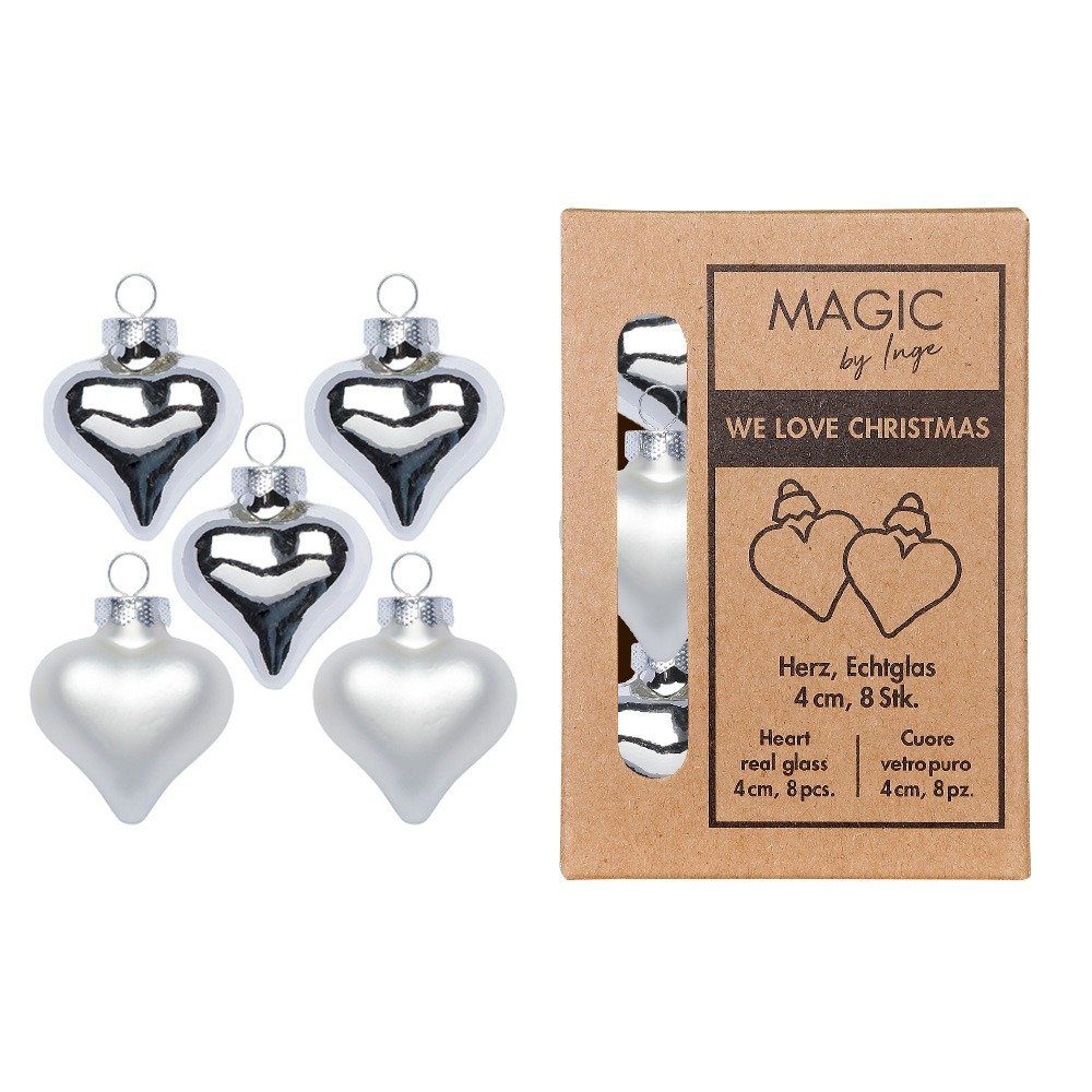 by 4cm - Inge Christbaumschmuck Christbaumschmuck, Herzen MAGIC Stück 8 Glas Frosty Silver