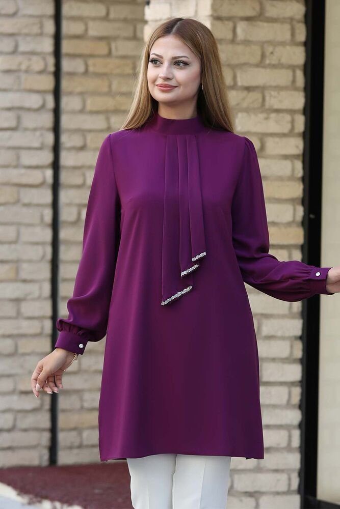 Tunika Krawatten Damen Longtunika Mode Hijab Fashion Modest lange Tunika Detail Violett Modavitrini