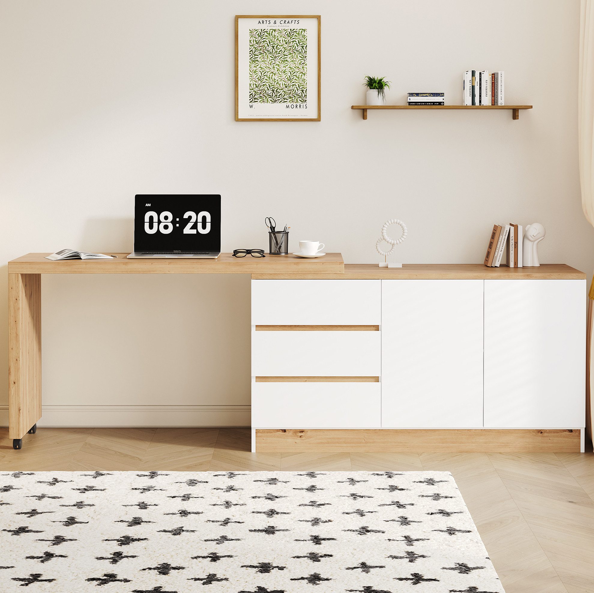 OKWISH Eckschreibtisch Kompakter Tisch – 120×78×50 cm mit Stauraum & Rollen (Packung, 1-St., Natur+Weiß, für Homeoffice & Schminkbereich), drehbare Platte, 3 Schubladen, 2 Türen, stabil