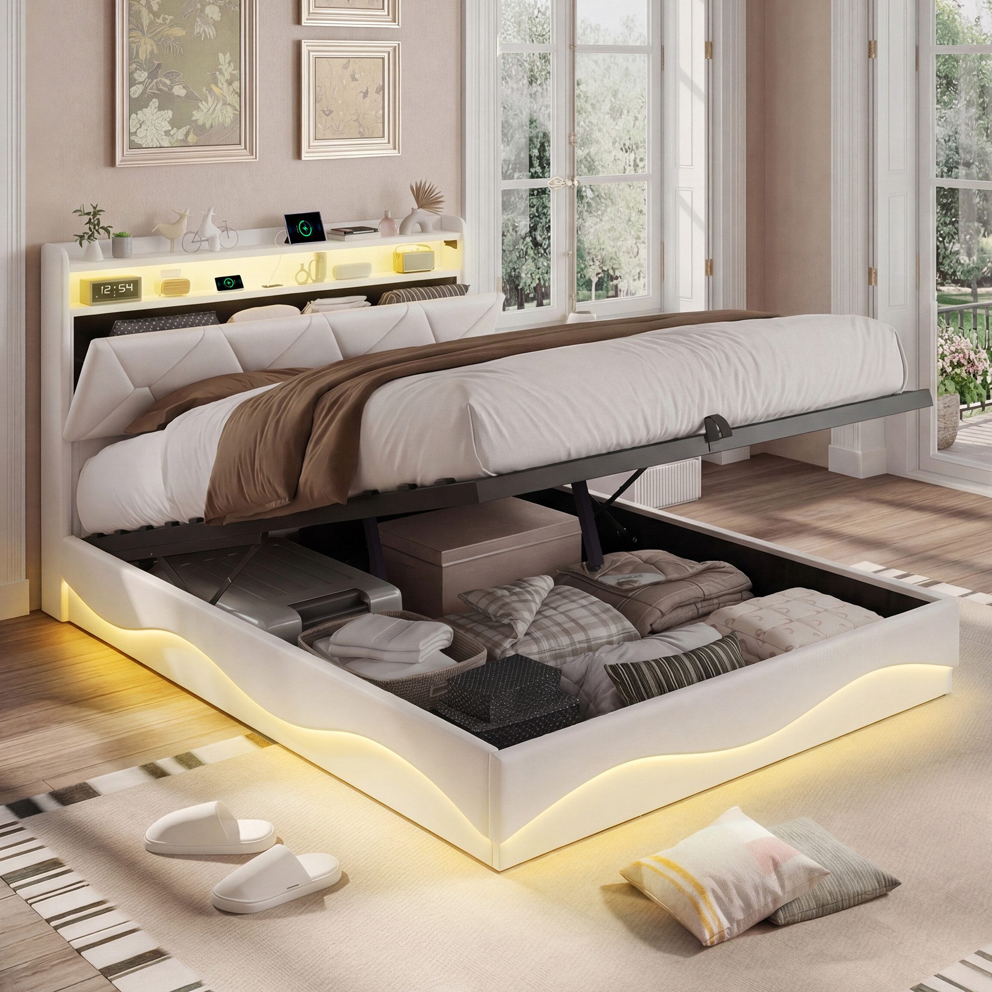 Furnishings Home Polsterbett LED Doppelbett 140 x 200 cm, Stauraumbett (1-tlg., Mit LED-Beleuchtung, Lattenrost und Ladefunktion), Jugendbett Hydraulisches Stauraum