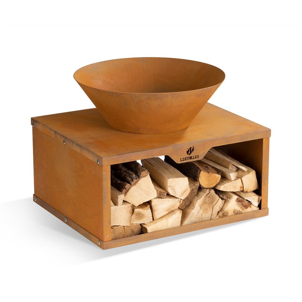 LANDMANN Feuerschale mit Holzlager - 60 x 50 x 54 cm, aus Cortenstahl, Lagerfeuer Feuerstelle