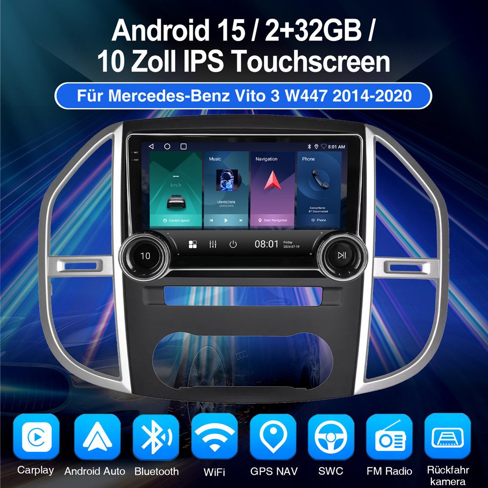ESSGOO Für Mercedes Benz Vito 3 W447 2014-2020 Android 15 Autoradio Autoradio (RDS, 4+64GB optional, Digitalradio (DAB), FM, AM, Apple Carplay Android Auto NAVI EQ SWC)