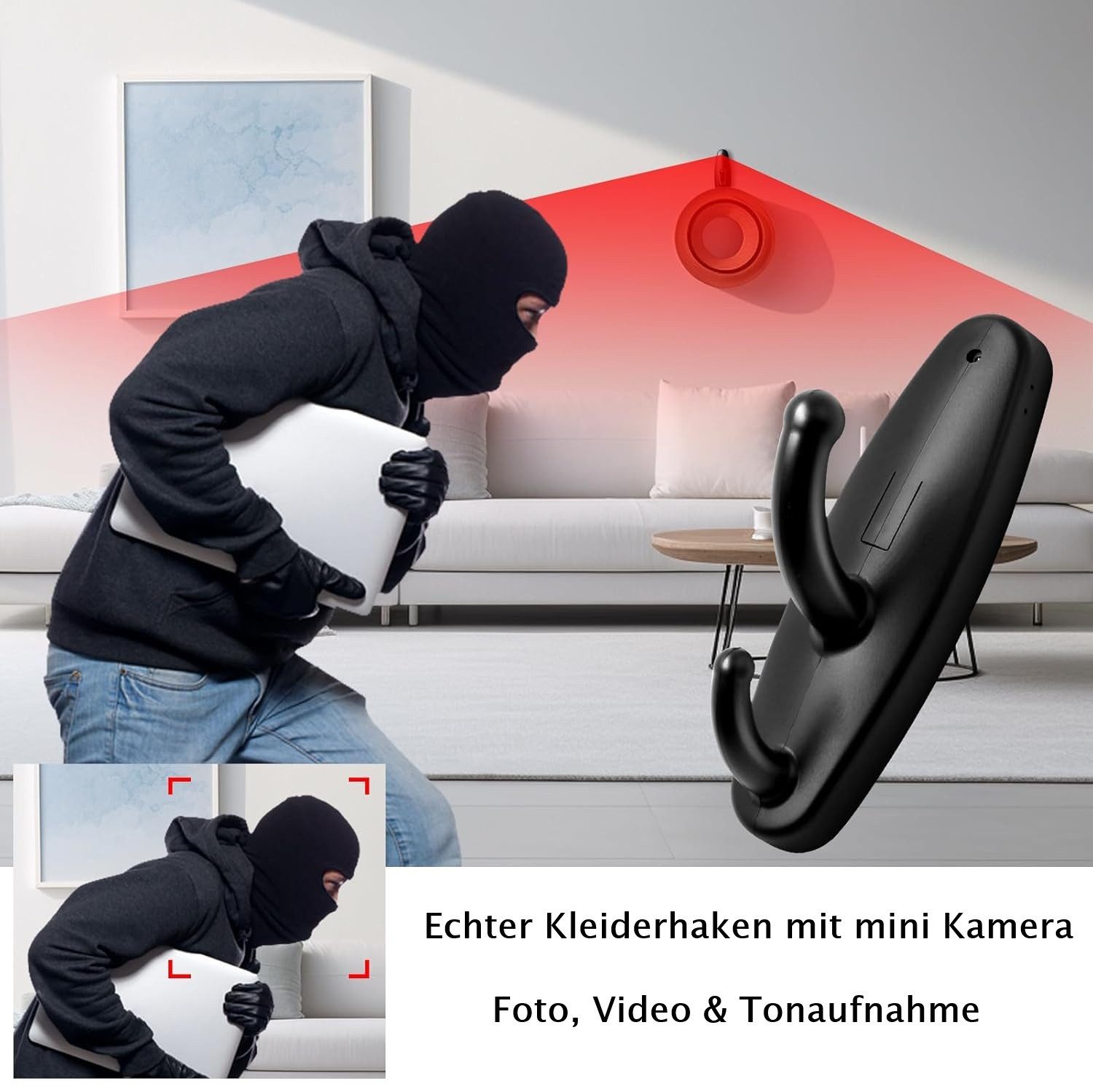 SpionProfi Überwachungskamera 32GB Kleiderhaken Mini Kamera Video Ton Bild Aufnahme Haus Zimmer (Innenbereich, 1-tlg., Versteckte Kamera Mini Spycam Spion Cam im Kleiderhaken)