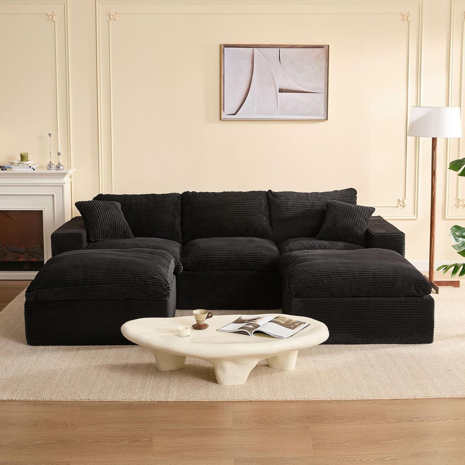 LuxusKollektion Wohnlandschaft Ecksofa Schlafsofa modular Cloud Cordstoff Schwarz 268 cm U-förmige