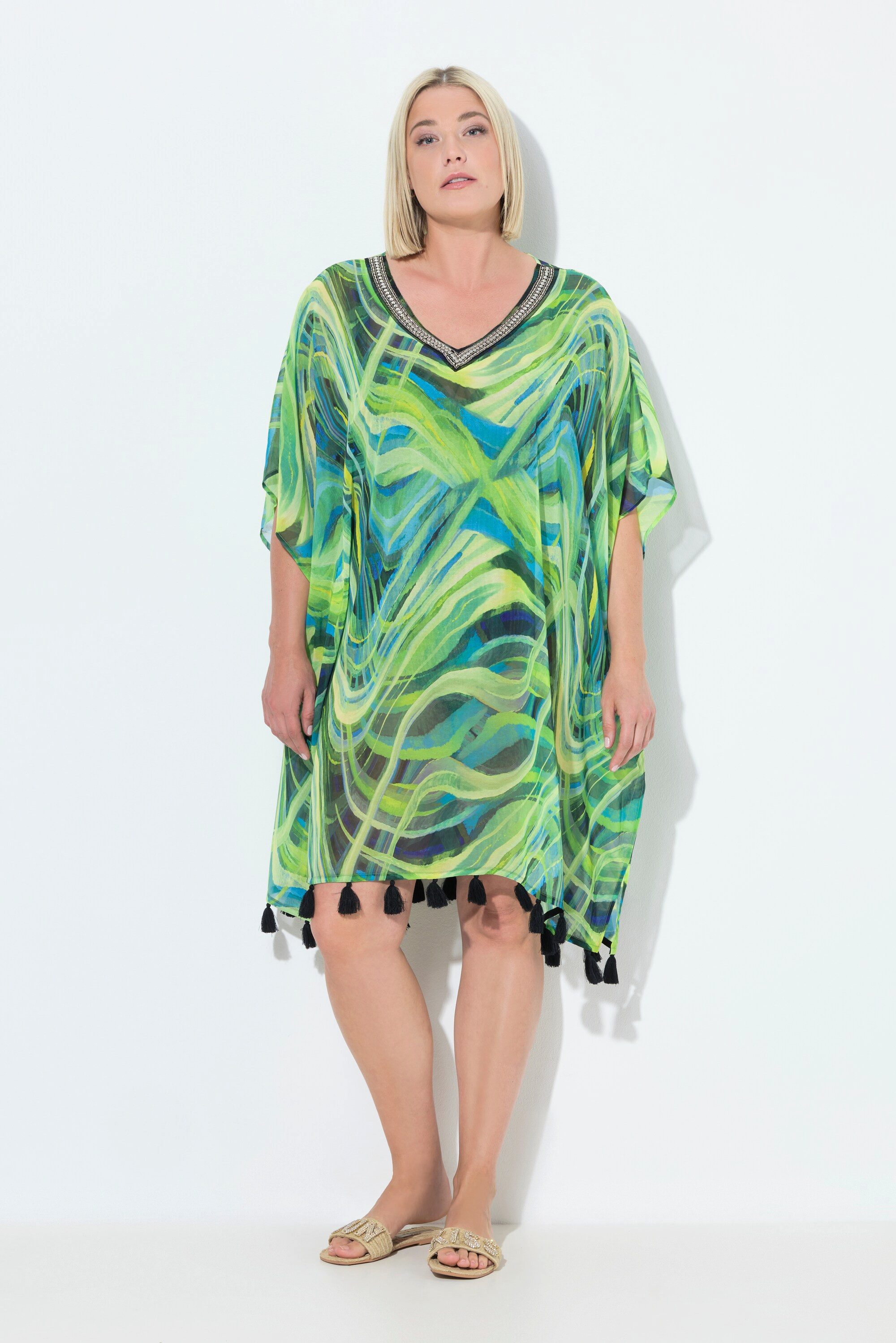 Ulla Popken Jerseykleid Chiffon-Tunika Wellen Oversized V-Ausschnitt günstig online kaufen