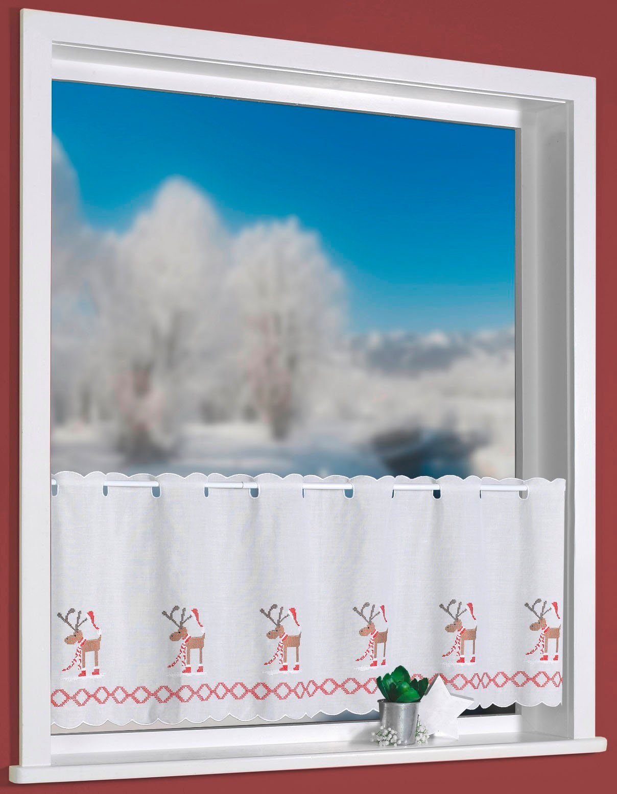 Weckbrodt Scheibengardine Weihnachtselche (1 St), Stangendurchzug, halbtransparent, Bistro, Batic, echte Stickerei, Weihnachten, Gardine, Store