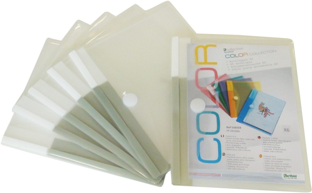 Fächermappe Dokumententasche A5 PP Klettverschluss transluzent 6 Stück.