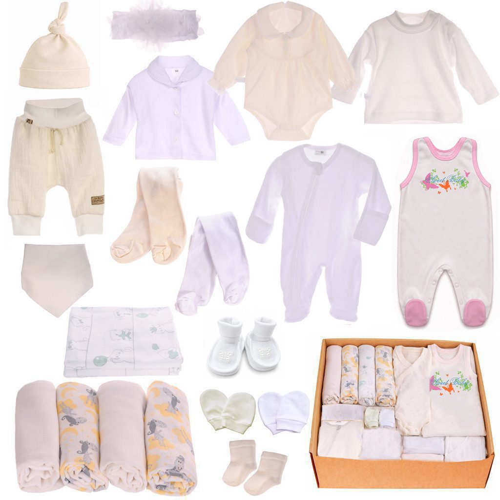 La Bortini Erstausstattungspaket Baby Paket Set 21Teile Strampler Hemdchen Shirt Strumpfhose Hose Body (Spar-Set, Socken, Füßlinge, Spucktücher, Flanell-Tücher, Lätzchen, Shirts) für Mädchen, in ecry weiß, 44 50 56 62 68