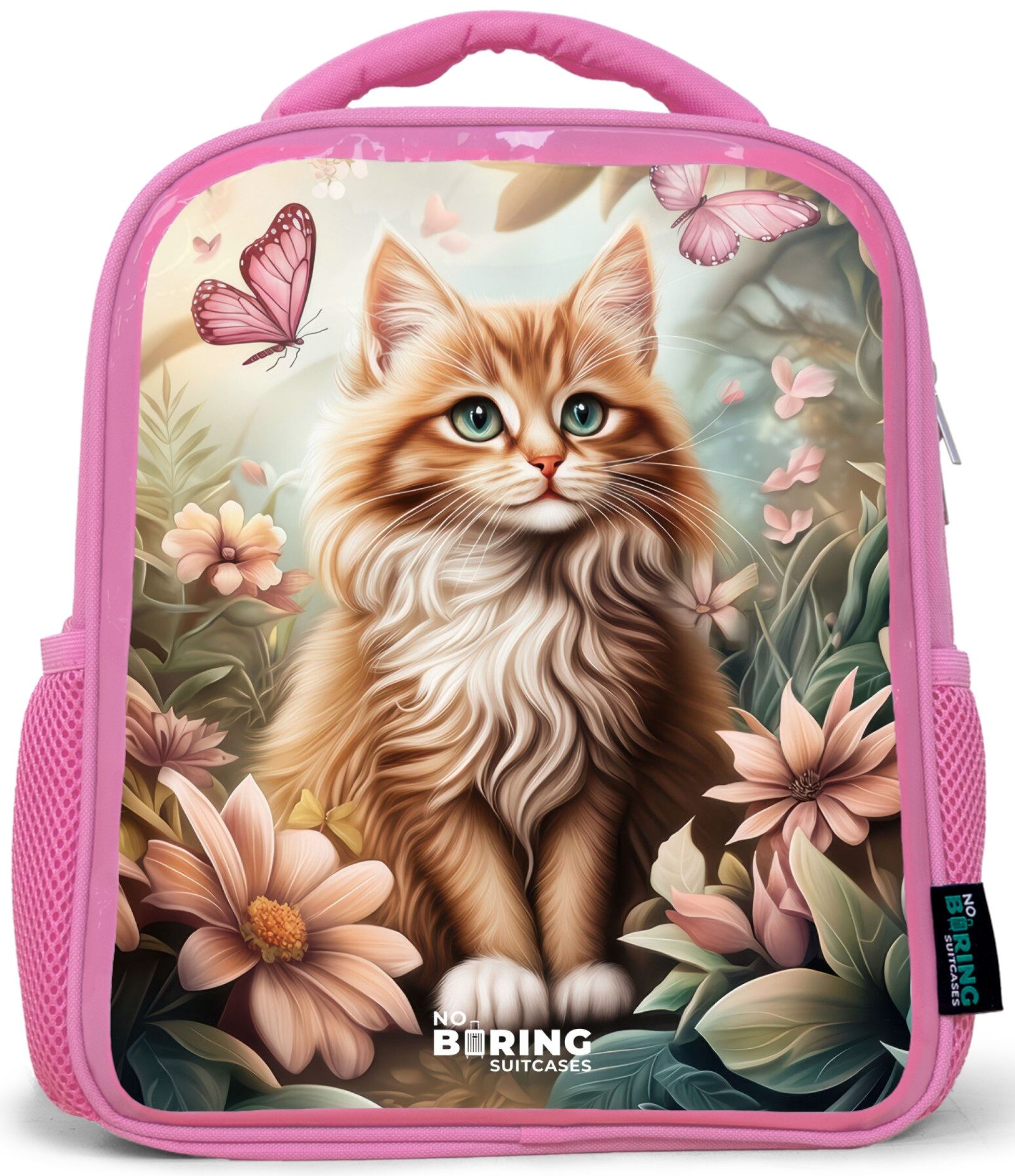 NoBoringSuitcases.com© Rucksack Rosa - Katze im Blumenfeld mit rosa Schmetterlingen., Kinderrucksack, Schulrucksack, Freizeitrucksack, Mädchen, Kindergarten