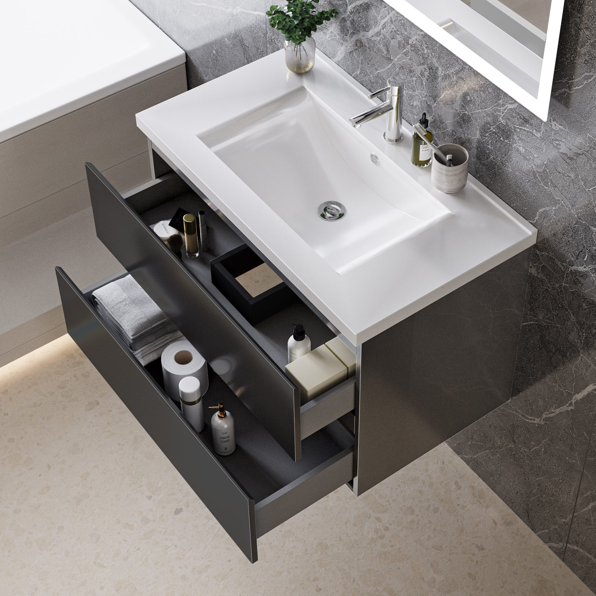 duschspa Waschtisch Badmöbel Set Waschbecken mit Unterschrank MDF, Beite 50/60/80/100 cm