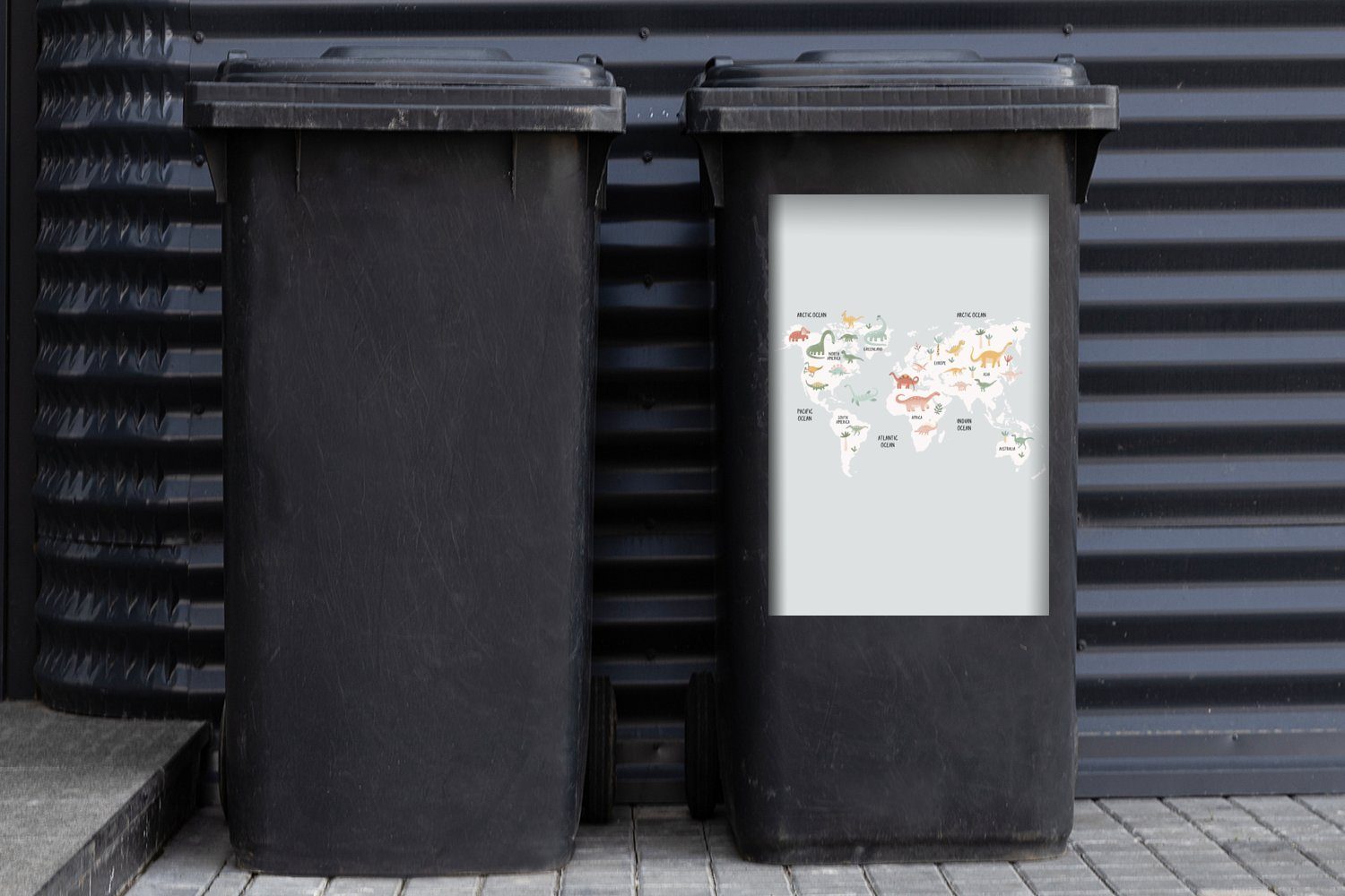 St), Mülltonne, Abfalbehälter Sticker, Dino (1 - - Mülleimer-aufkleber, MuchoWow Wandsticker Kind Container, Weltkarte