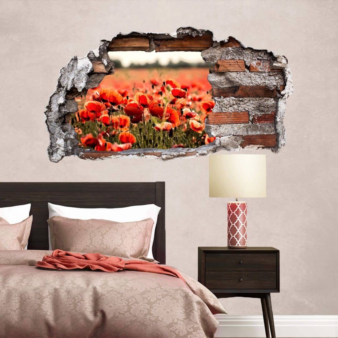 3D Mauerdurchbruch Wandbild Blumenwiese Aufkleber Wandtattoo Wandsticker Field, selbstklebend Wandtattoo K&L Art Mohnblumen Wall Poppy