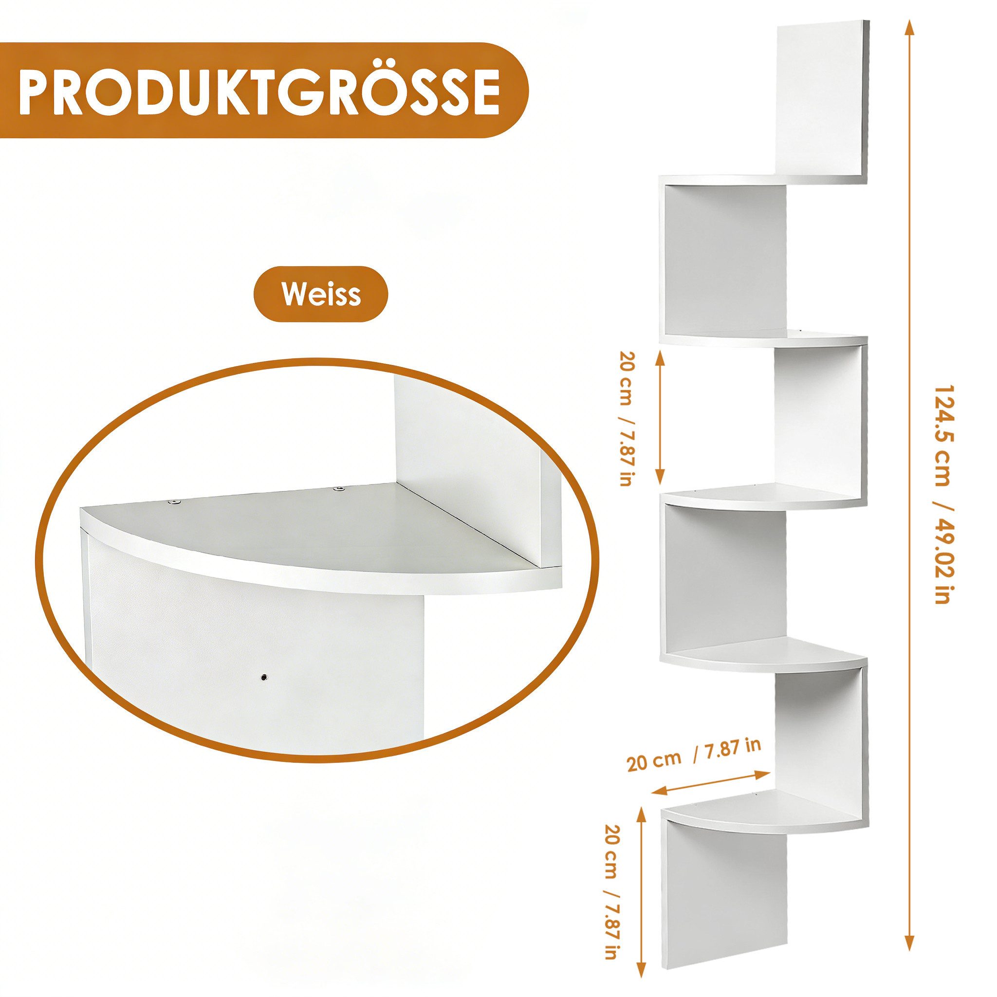 BlingBin Eckregal Wandregal 5 Ebenen, Zickzack-Schweberegal, 1er Set 1-tlg., 20x20x125 cm, Bücherregal Pflanzenregal für Bücher, Pflanzen und Deko