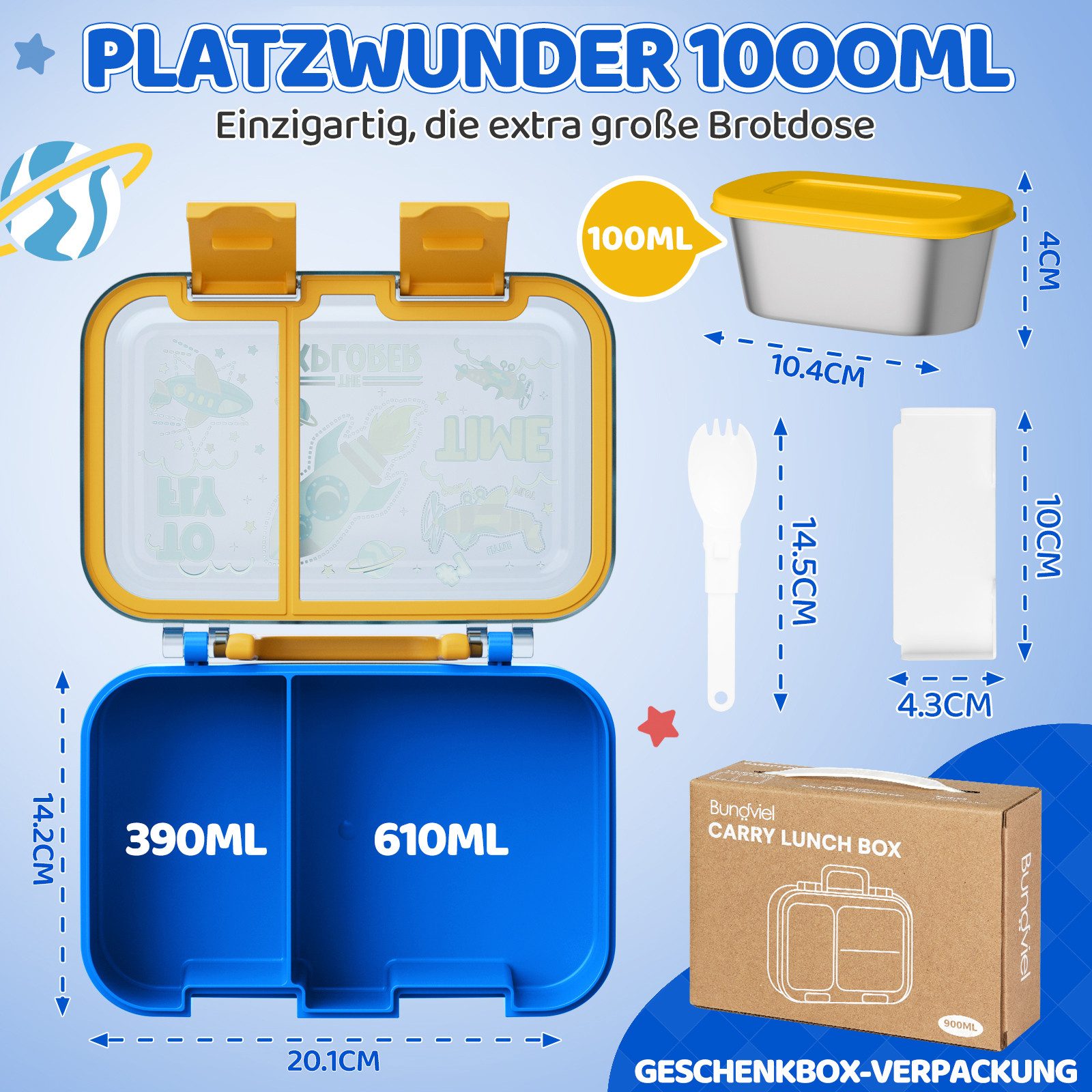 Bundviel Lunchbox Lunchbox Brotdose Kinder mit Fächern Auslaufsichere Bento-Box Brotdose, PP+ABS, (4-tlg., mit Saucenbehälter), spülmaschinenfest, kühlschrankgeeignet und mikrowellenfest