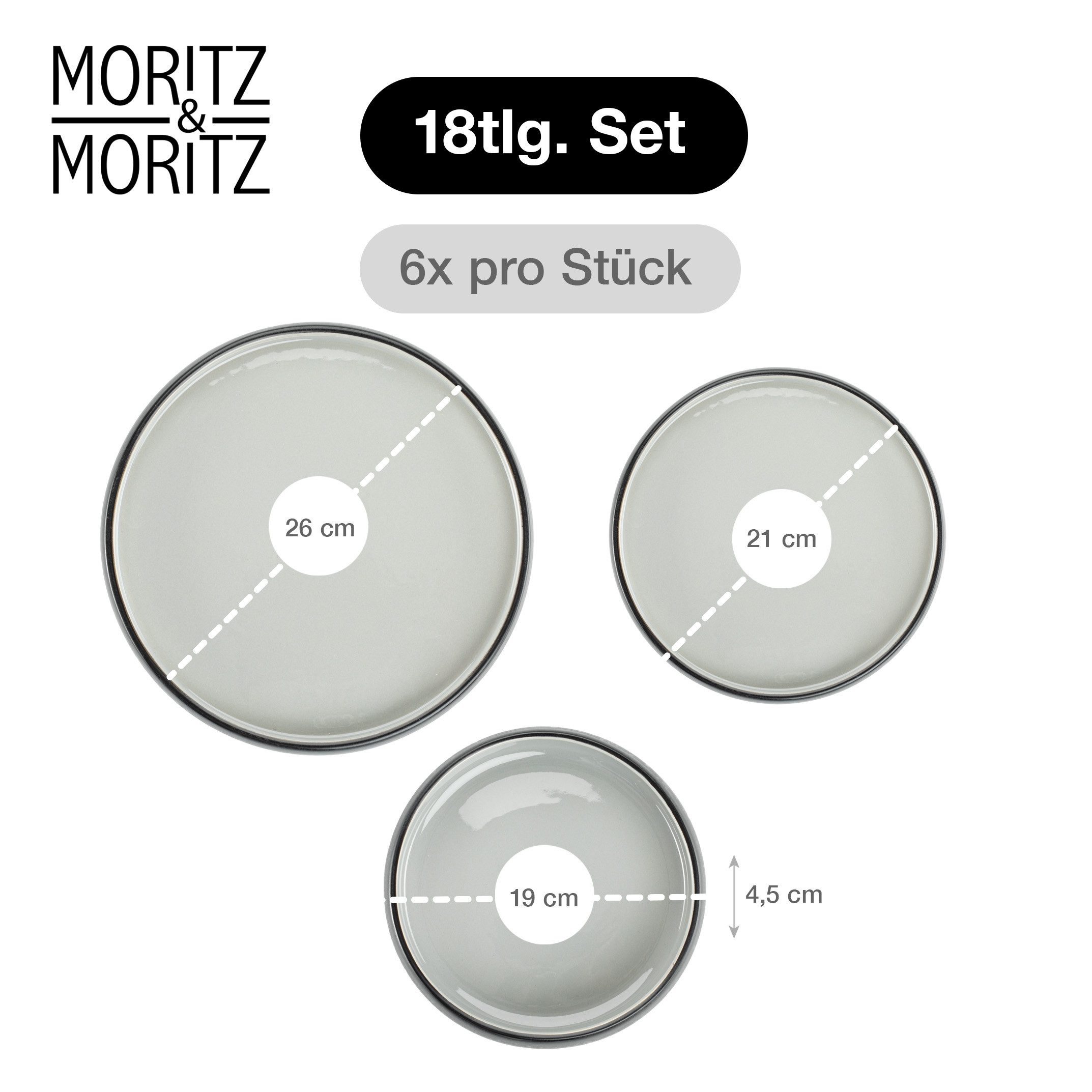 Moritz & Moritz Tafelservice SOLID UNI Geschirrset Grau (18-tlg), 6 Personen, Steinzeug, Kombigeschirr für 6 Personen