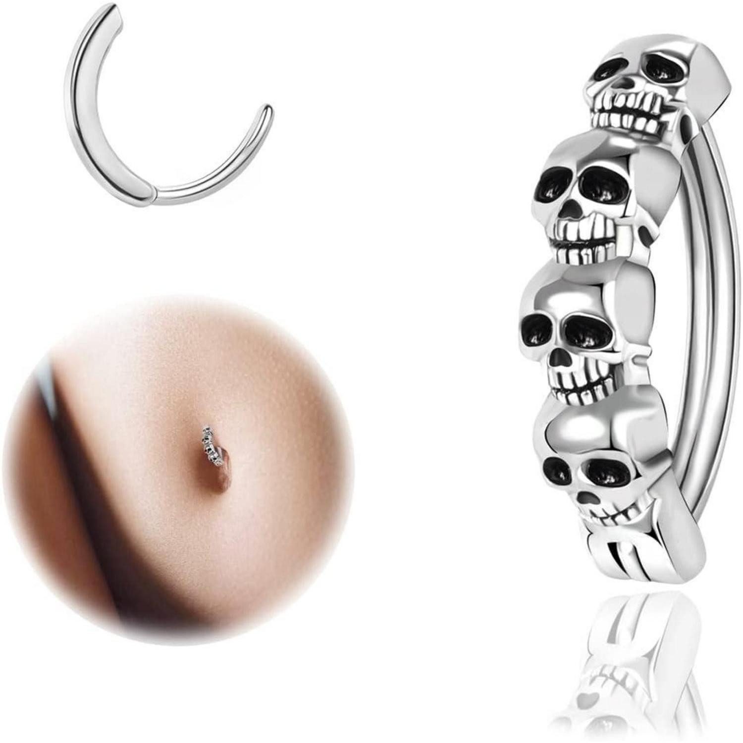 ZS Bauchnabelpiercing 14G Schädel Clicker Piercing Bauchnabel, Silber 925 Reverse Curved