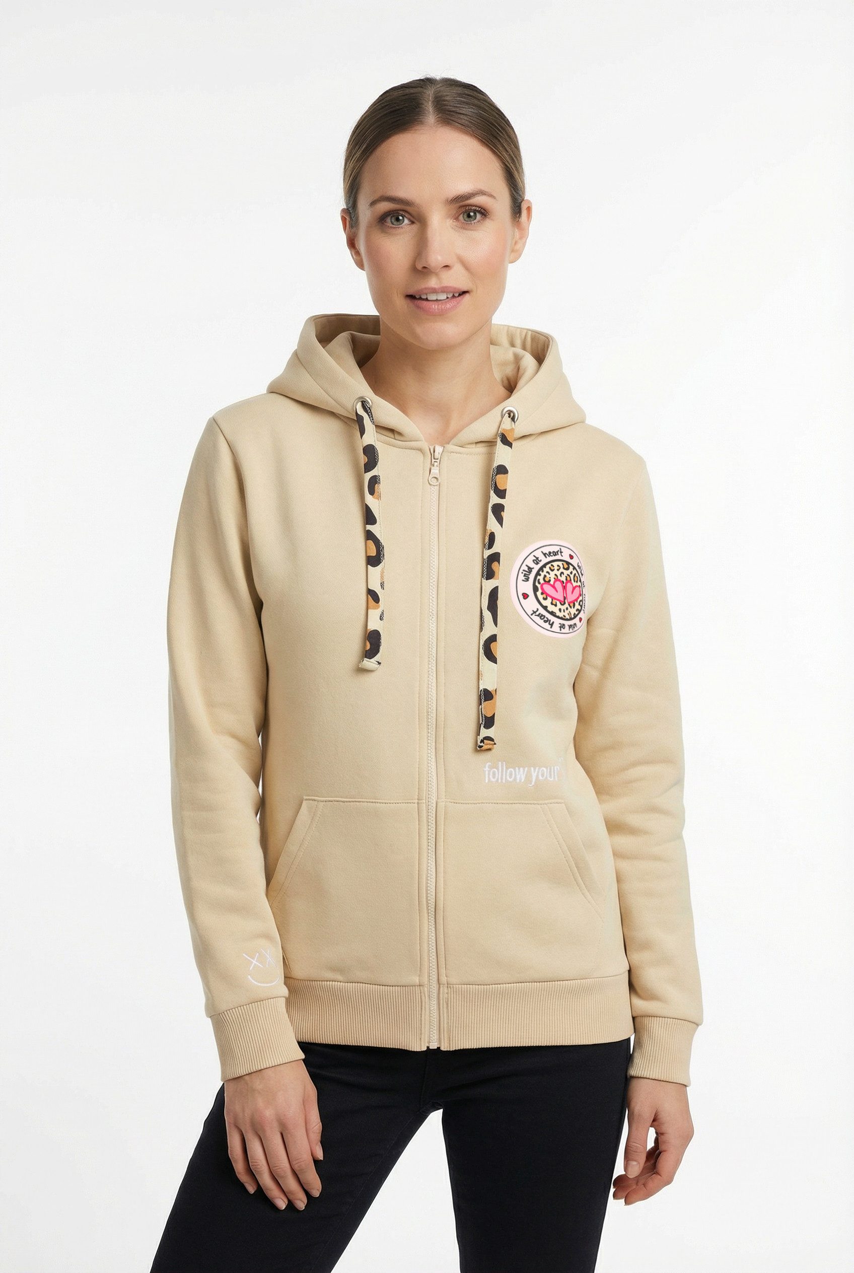 Zwillingsherz Kapuzensweatjacke Leo-Details, Langarm, Reißverschluss, Baumwollmischung