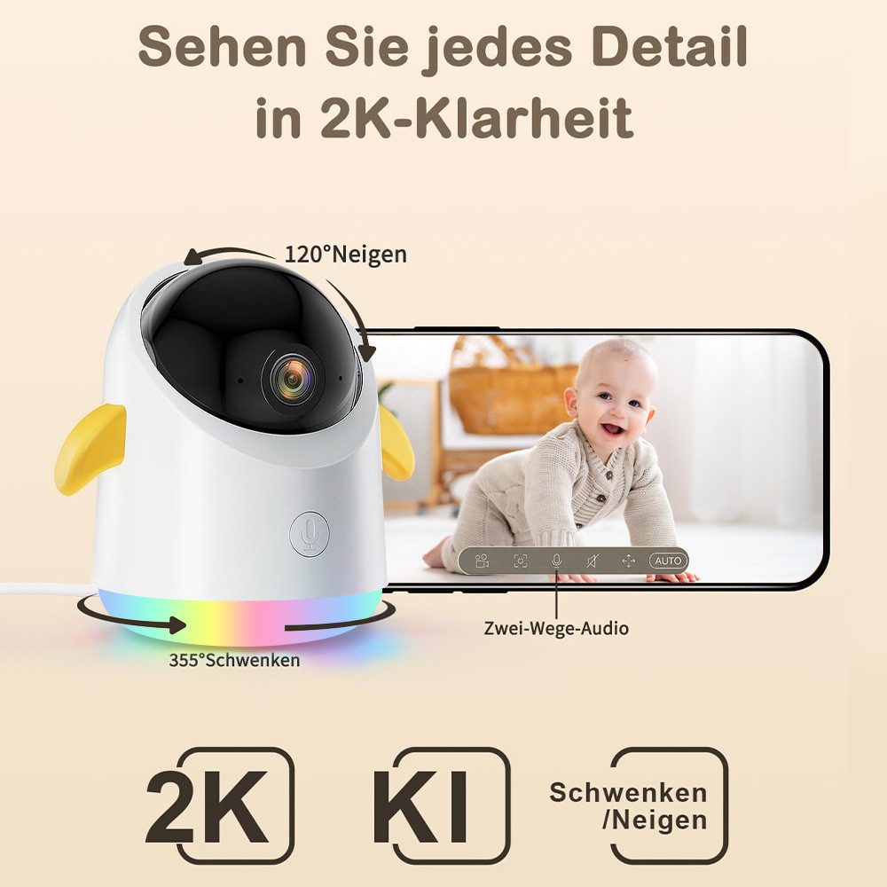 Boifun Video-Babyphone Babyphone mit 2 Kameras App Split-Screen-Anzeige, 2K HD Bild, PTZ 355°/60°, 4×Zoom, Automatische Verfolgung, 1-tlg., Weinen/Bewegungs/Geräuscherkennung, Temperatur, Loop-Nachtlicht ausgestattet,14 Schlaflieder