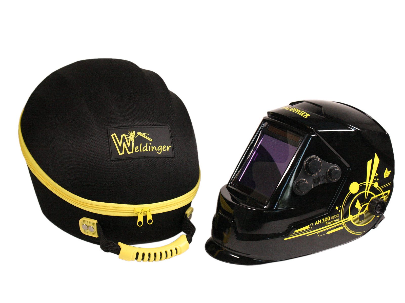 WELDINGER Schweißhelm Automatikschweißhelm AH 350 realcolour Panorama-Sichtfeld + Helmcase (Set, 2-tlg., Automatikschweißhelm und Helmtasche), Panorama-Sichtfeld, Filtermodul mit 4 Lichtbogensensoren