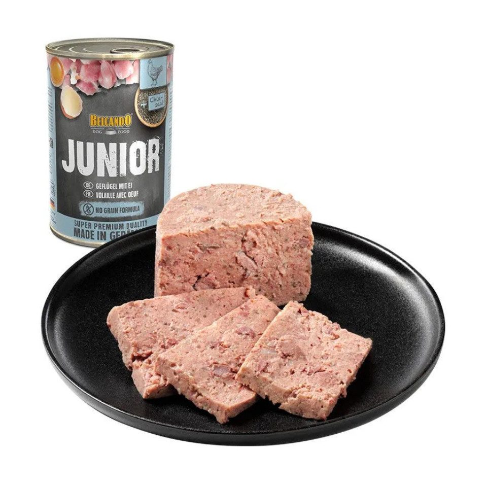 Belcando Junior Geflügel mit Ei - hochwertiges Nassfutter aus der Dose 6x400g, Nassfutter für: Hunde