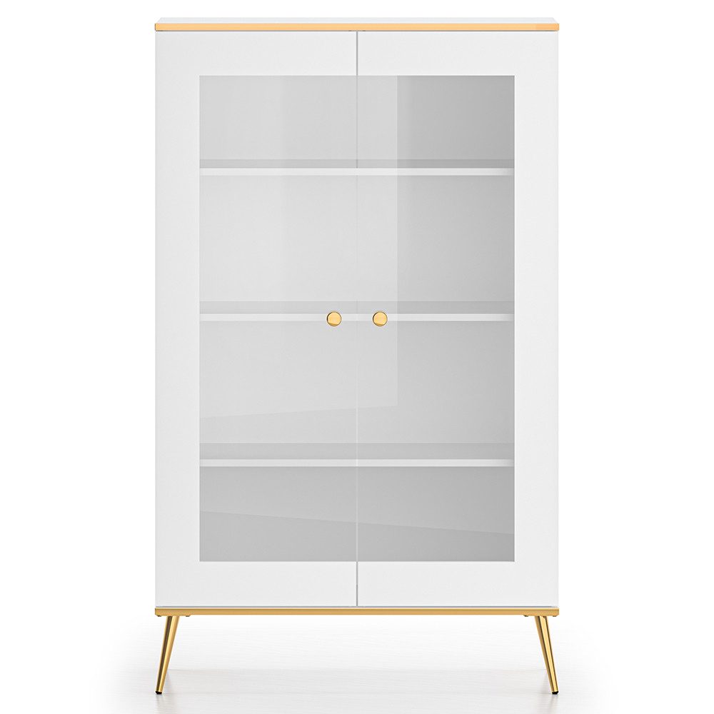 Lomadox Vitrine VLORA-131 Highboard mit Glasfront, weiß mit goldfarbigen Griffen, 92cm hoch