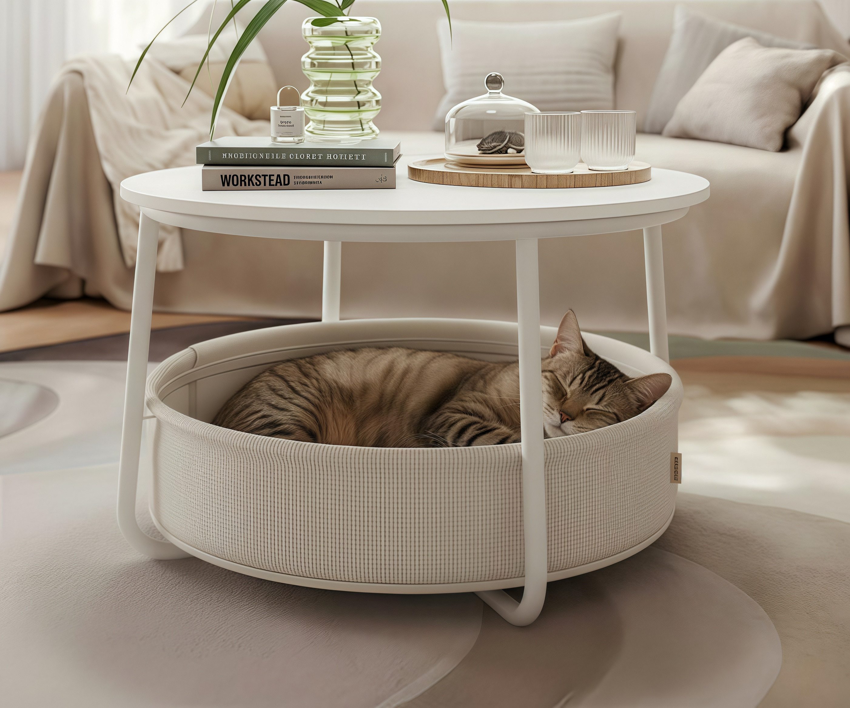 VASAGLE Couchtisch mit großem Stoffkorb, viel Stauraum, Sofatisch, Metallgestell (inkl. Zubehörpaket & Anleitung), Beistelltisch rund Wohnzimmertisch modern minimalistisch, ∅75 x 45 cm