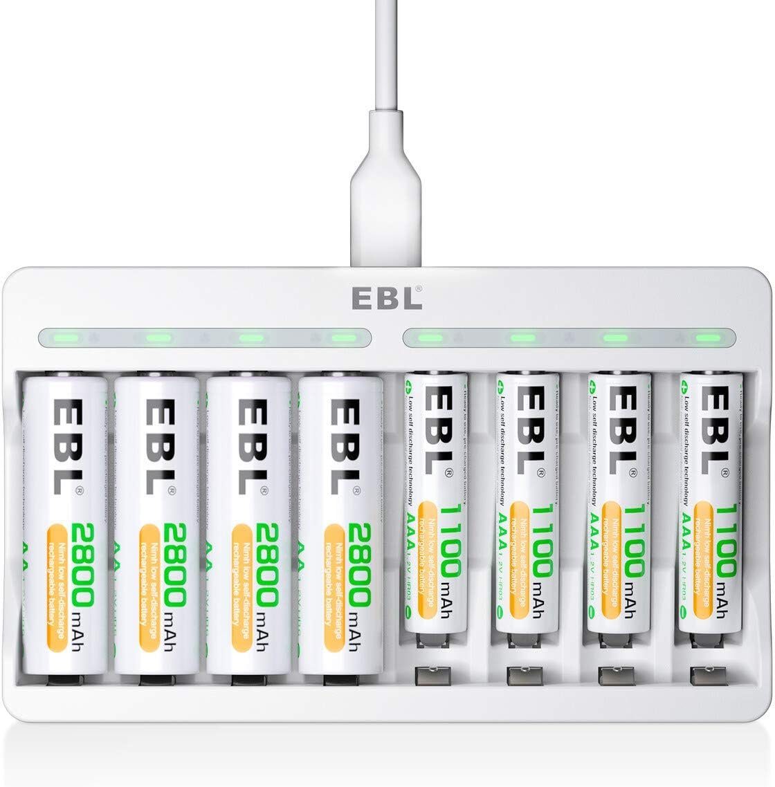 EBL Akku ladegerät mit 8*AA 2800mAh Akku Schnell Akkuladegerät Batterie-Ladegerät (1-tlg., mit 4AA+4AAA Akku für NiMH AA/AAA wiederaufladbare Batterien)