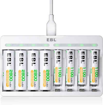 EBL Akku ladegerät mit 8*AA 2800mAh Akku Schnell Akkuladegerät Batterie-Ladegerät (1-tlg., mit 4AA+4AAA Akku für NiMH AA/AAA wiederaufladbare Batterien)