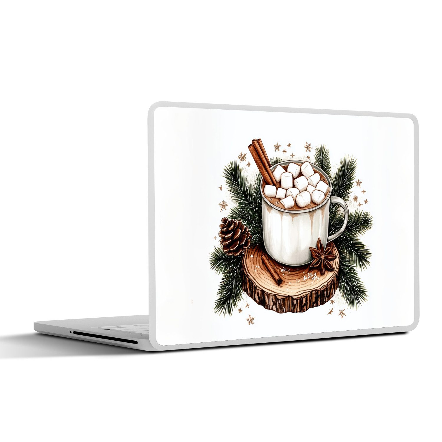 MuchoWow Laptop-Aufkleber Winter - Holz - Schokoladenmilch - Getränk - Weihnachten, (1tlg), Aufkleber Geeignet für Laptops, Schutz vor Kratzern, Sticker, 31x22 cm