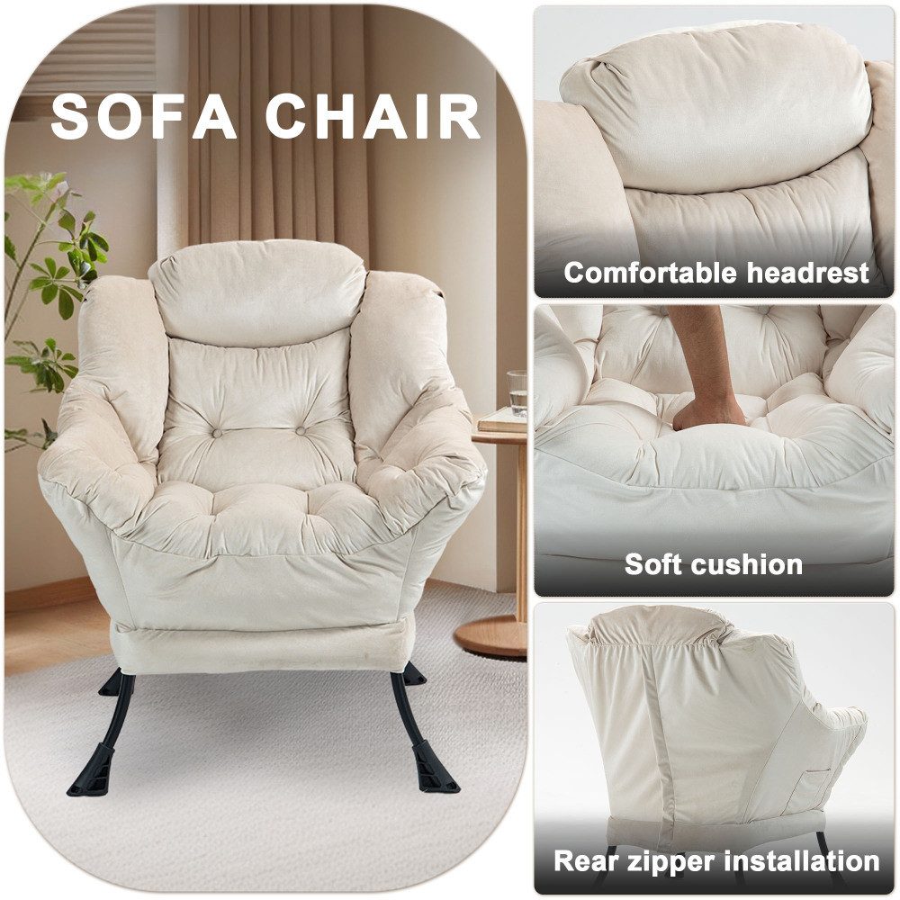 BBG Relaxsessel Lazy Chair Relaxsessel mit Metallgestell & Seitentasche, Bequemer Polstersessel mit Samtbezug, Loungesessel