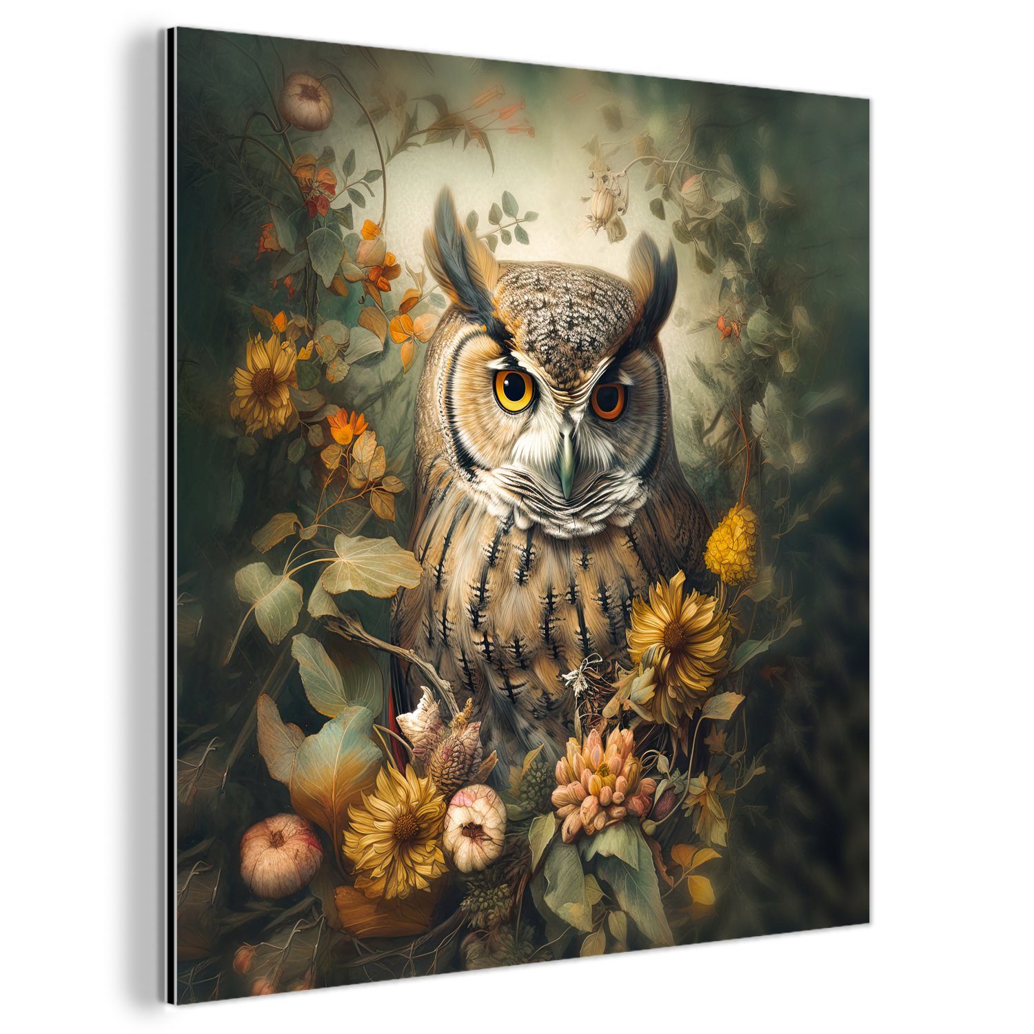 Metallbild Eule - Vögel - Blumen - Natur