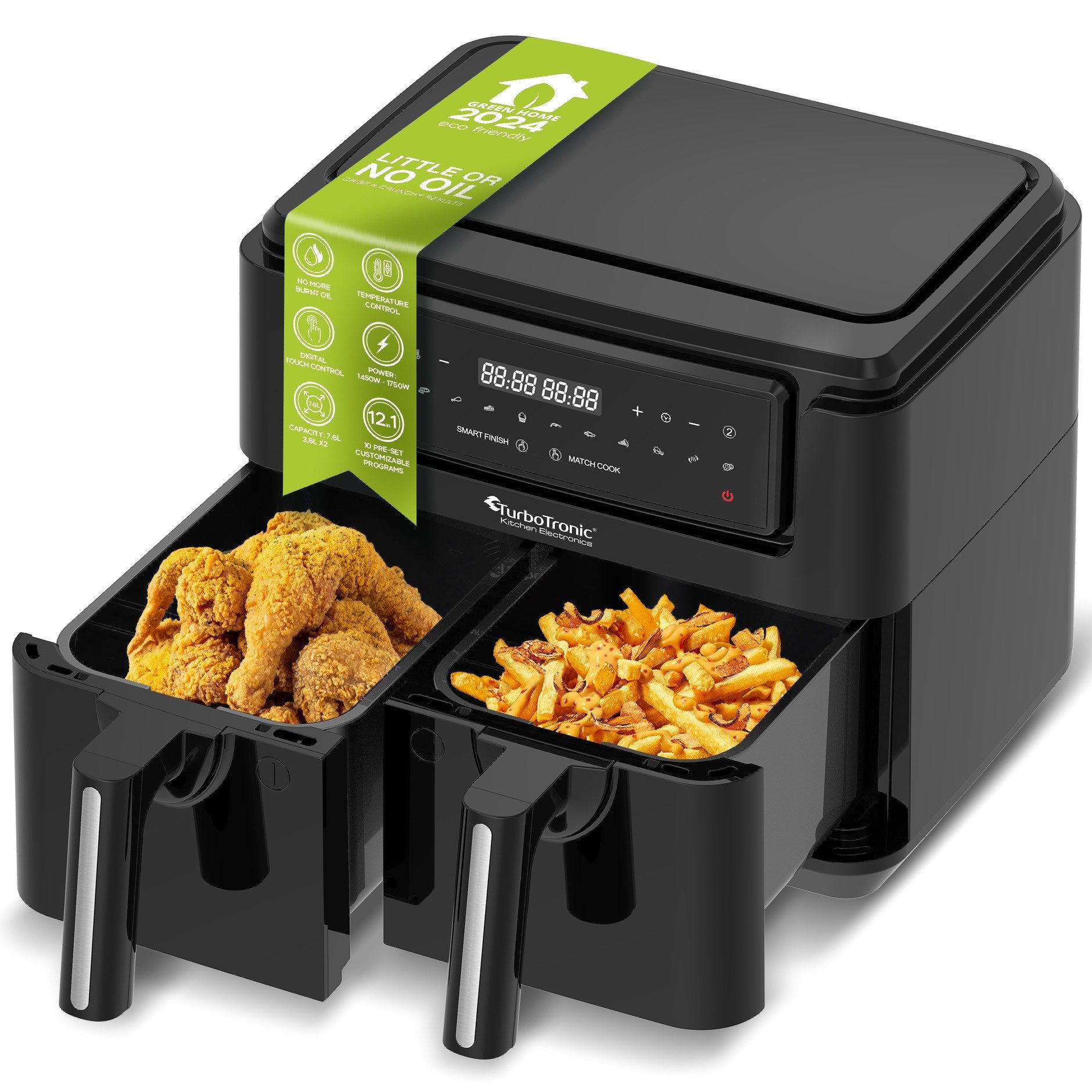 TurboTronic by Z-Line Heißluftfritteuse digitaler doppel Airfryer 7,6L 2x 3,8L Basket 800g Pommes 12 Programme, 1750 W, DualZone Heissluftfritteuse ohne Öl Friteuse Grill Braten Power Fryer